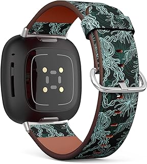 CJBROES Replacement Leather Watch Band, Compatible with Fitbit Versa 3 and Fitbit Sense of Wristband Bracelet Accessory - Marine Plants Leaves Seaweed