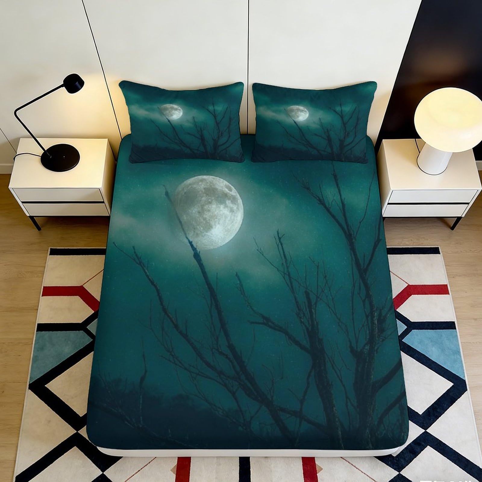 3D Printed Moonlit Tree Fitted Sheet Microfiber Soft Breathable Night Sky Bed Cover for Bedroom Dormitory Guest Room Mattress Protection Decor 120x200x25cm
