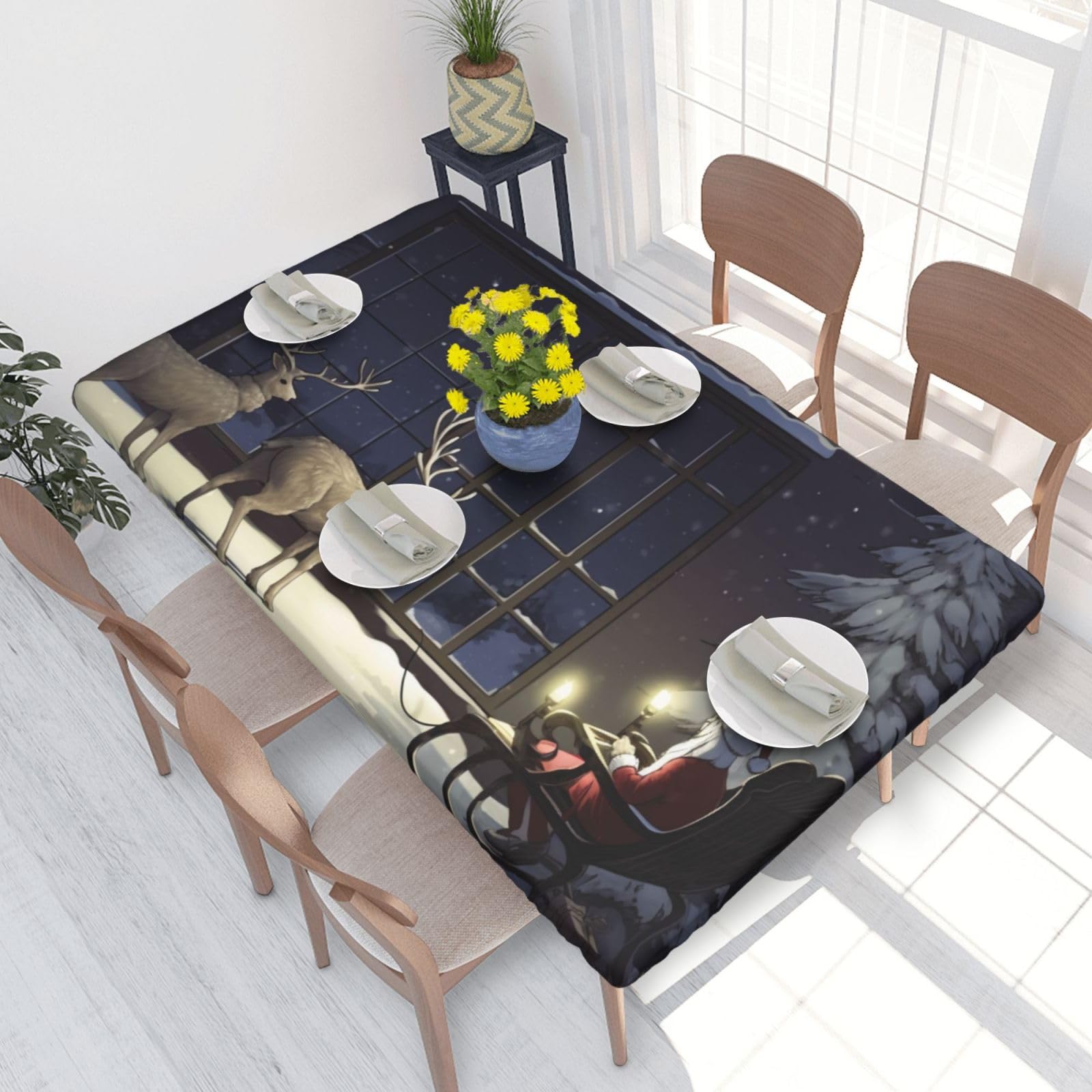 Dcarsetcv Xmas Night Printed 4Ft Waterproof Tablecloth With Elastic Edged Protect & Decor Your Table, Oil-Proof Washable Table Cloth Cover For Dinner Picnic Party