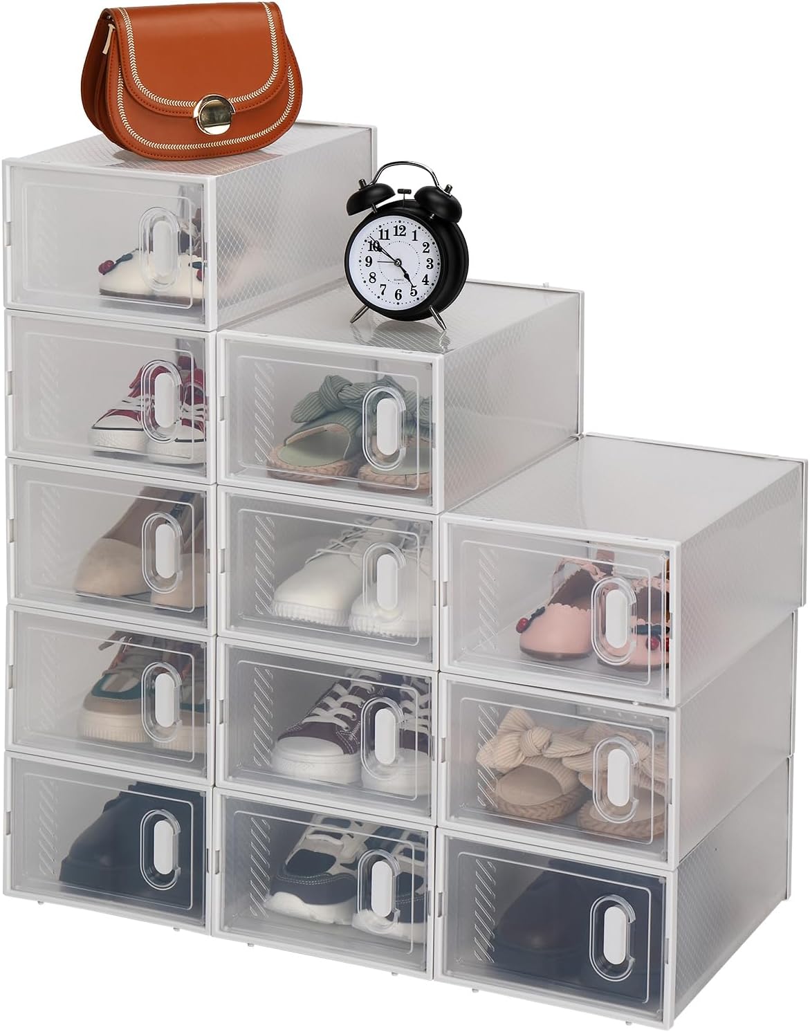 6 Pack Large Shoe Storage Boxes Organizers Clear Plastic Stackable, Modular Space Saving Shoe Boxes Sneaker Storage for Sneakerheads,Toy Storage Organizer Bins for Entryway, Closet, Under Bed, White