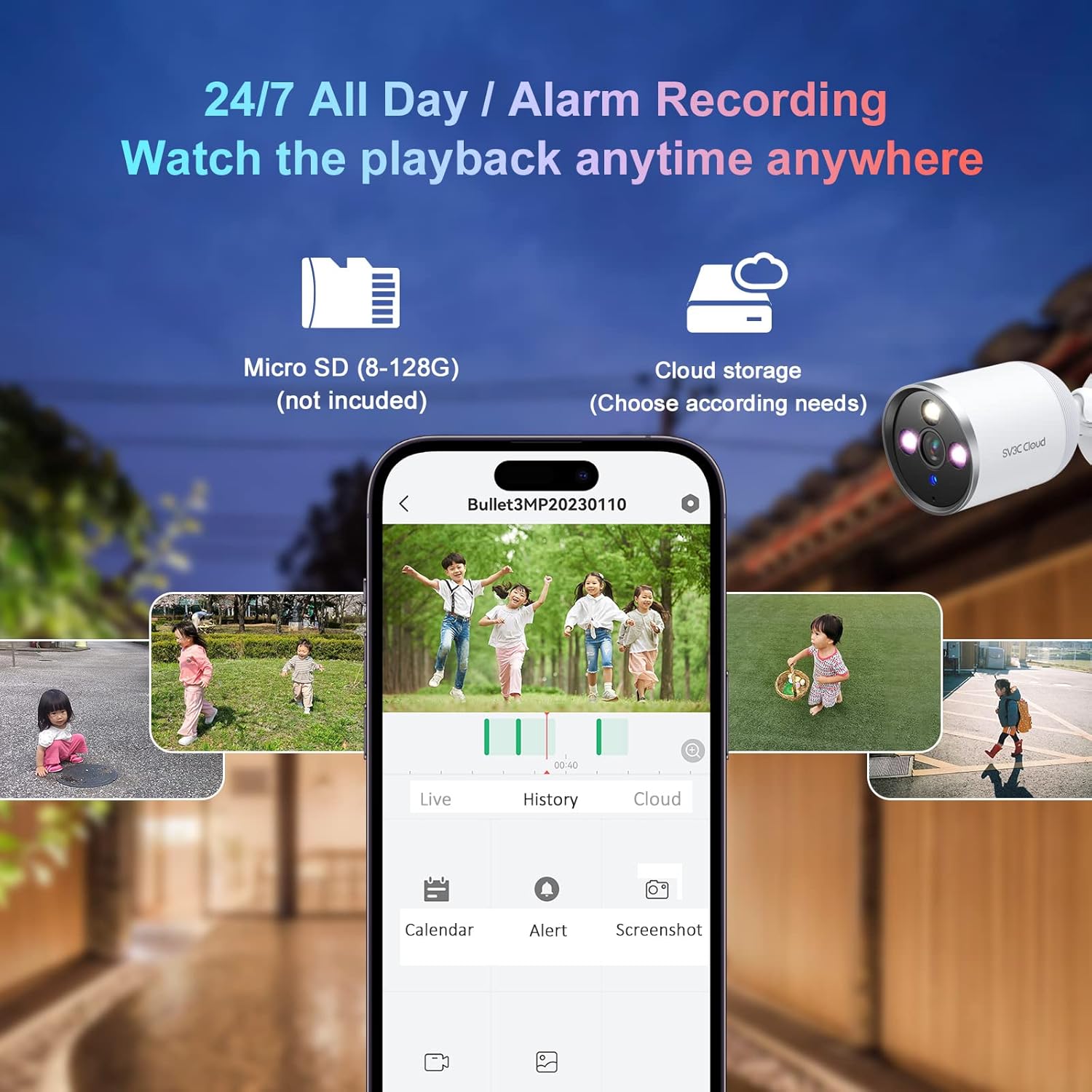 Diagram showing Micro SD card and cloud storage options for the camera