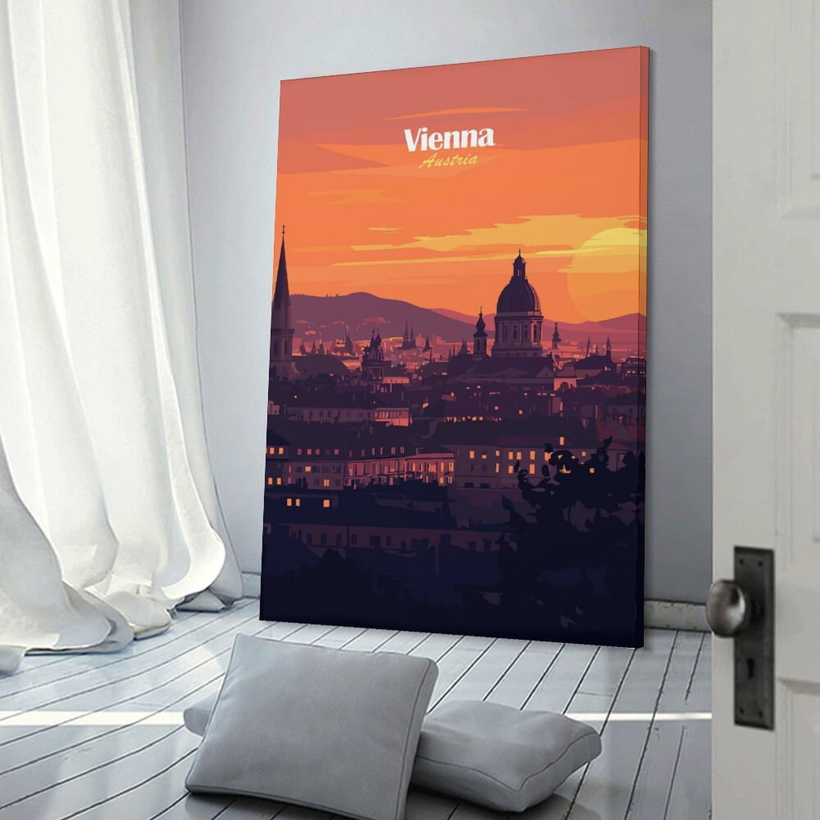 Junmoney Frame-Style-20 Hanging Wall Art Vienna Sunset Skyline, 20X30inch(50X75cm), For Entryway, Lounge Links Or Small Walls, A Neat Decor Update For Hallways
