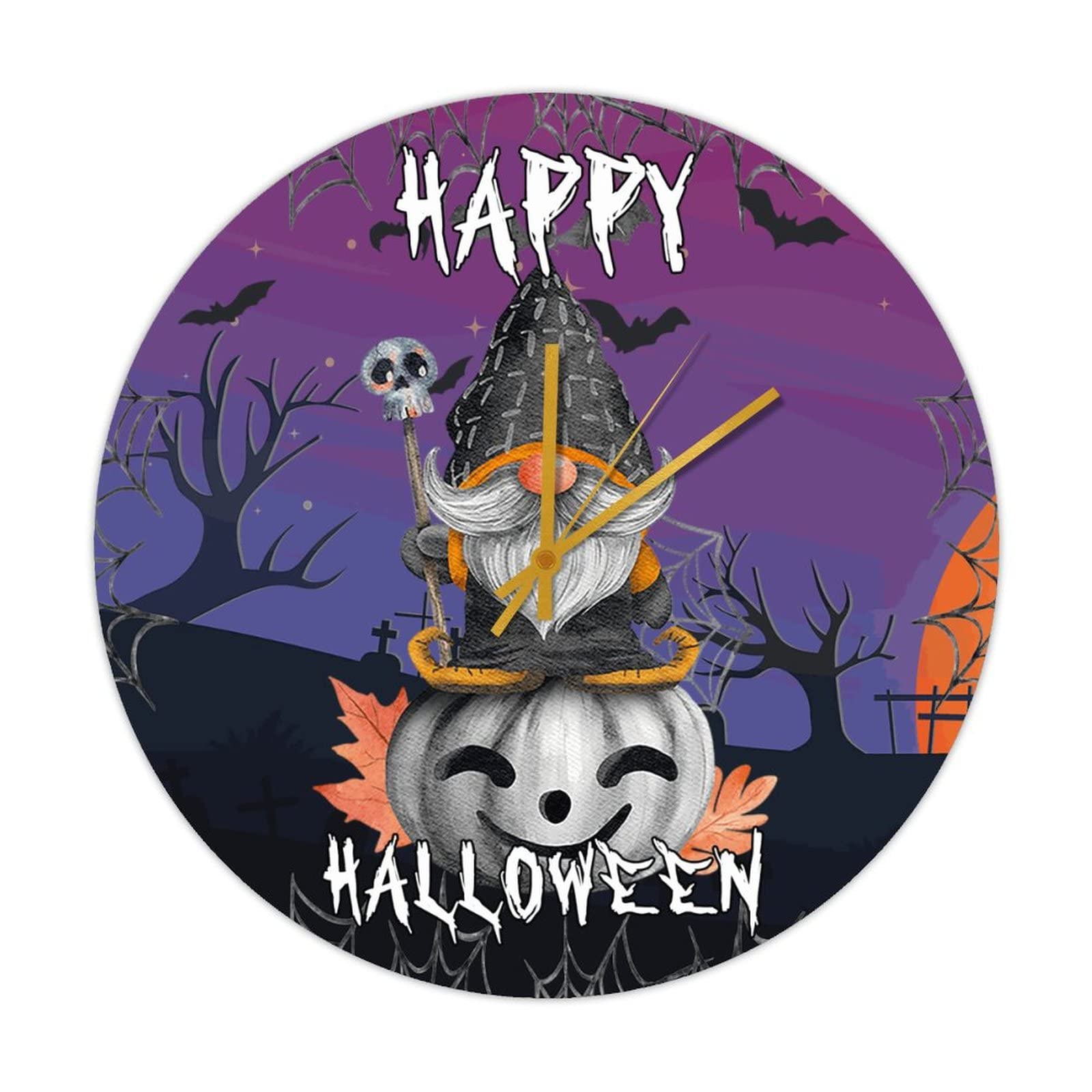 Horloge ronde en bois Halloween gnome et citrouilles 38cm pour decoration rustique de cuisine