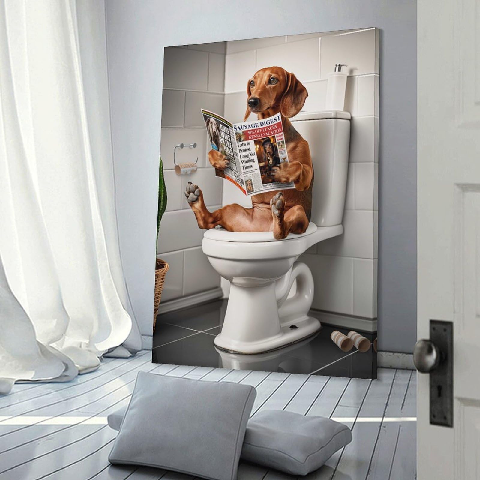 Junmoney Frame-Style-2 Dachshund In The Bathroom Wall Decor Canvas Print, 24X36inch(60X90cm), For Flats, Guest Rooms Or Compact Rooms, A Simple Refresh For Blank Walls