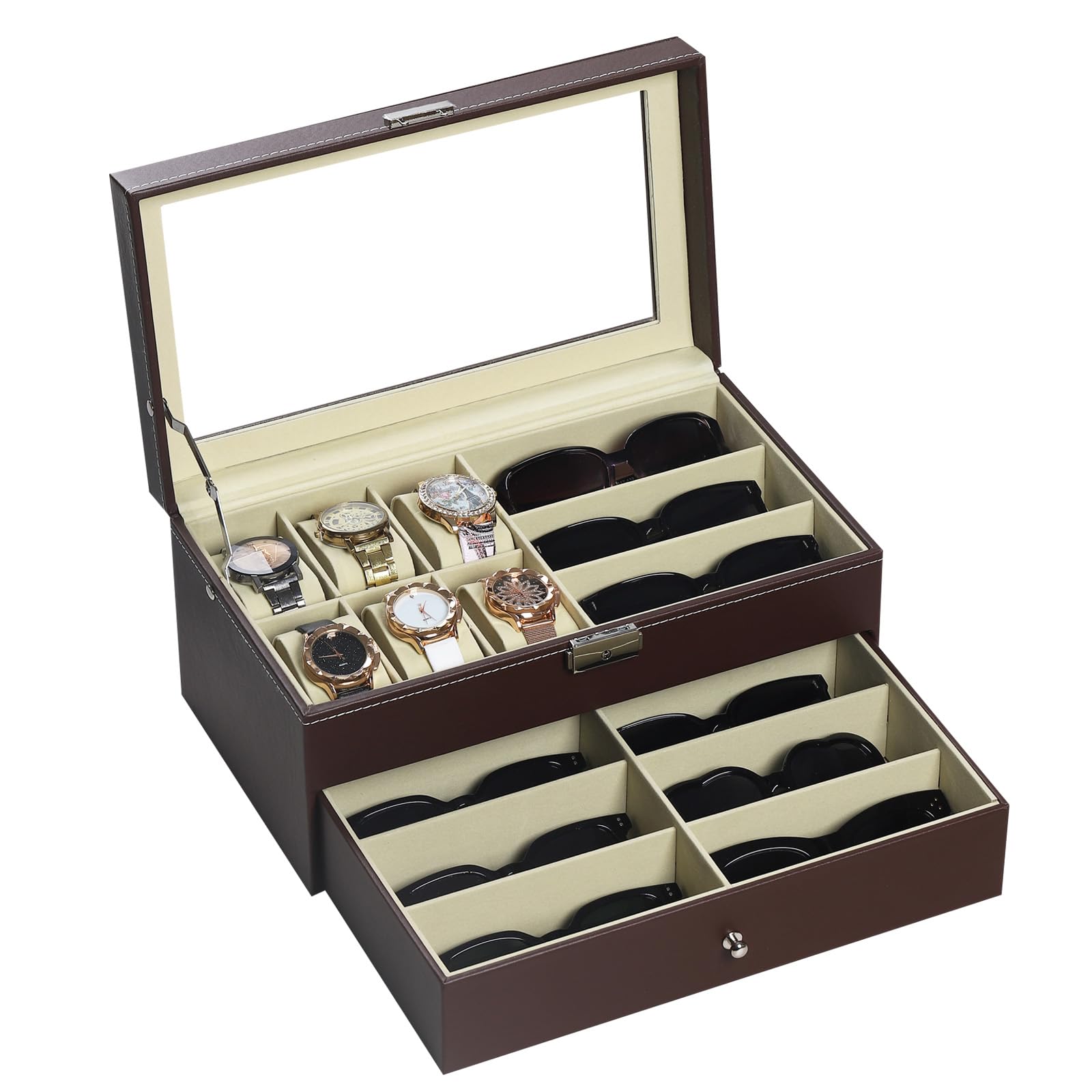 AUTOARK Boîte à bijoux en cuir pour 6 montres et 9 pièces de rangement pour lunettes de soleil avec tiroir verrouillable,Marron,AW-130
