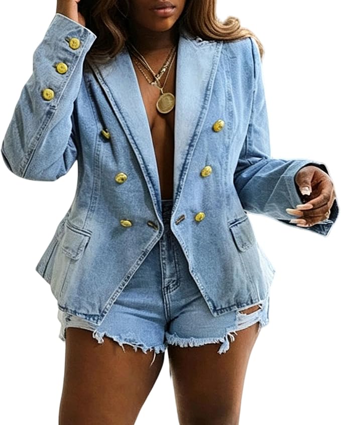 Denim Blazer for Women Long Sleeves Lapel Double Breasted Jacket | Classic Notch Lapel,office Jean Jacket,slim Fit