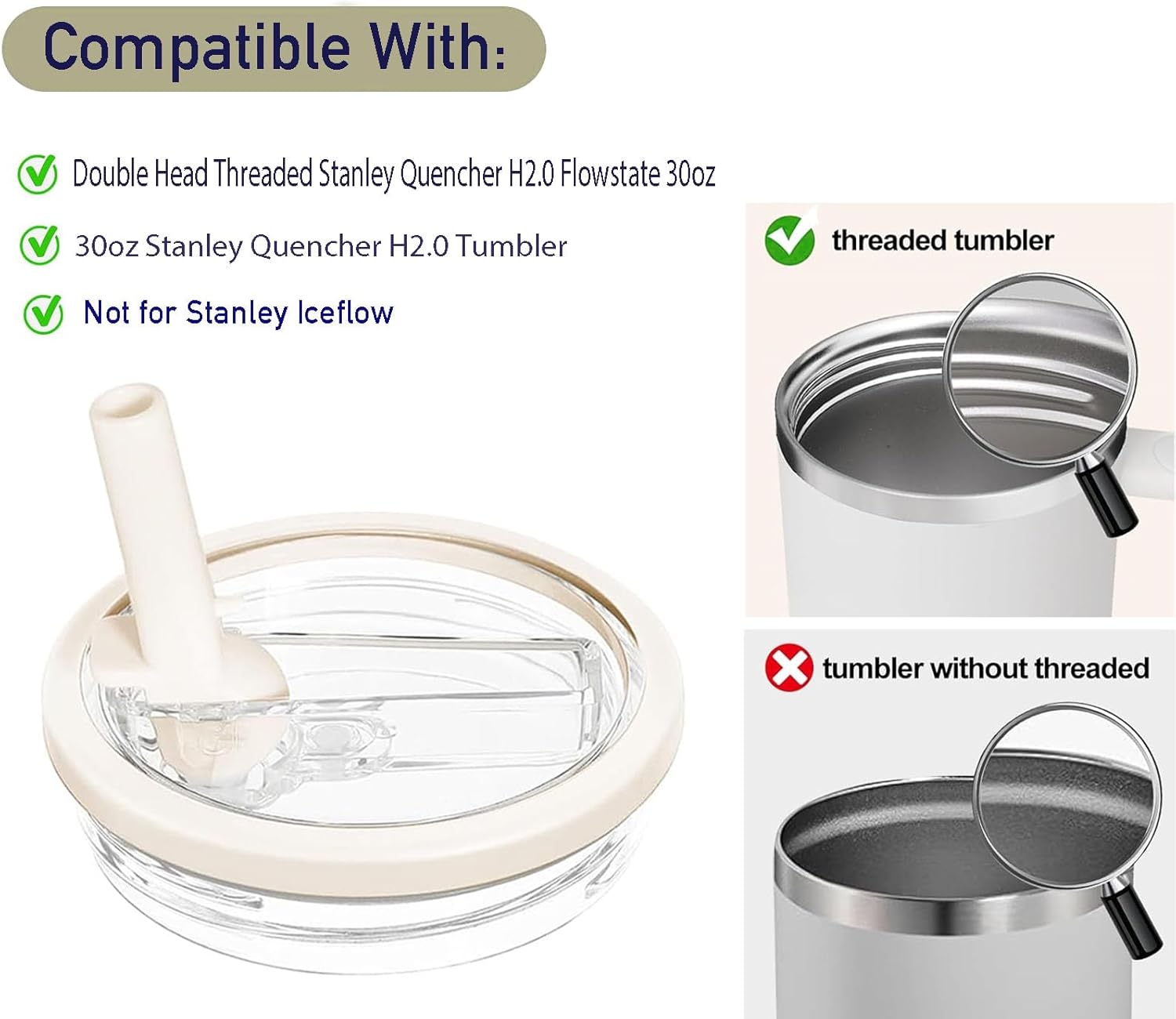 2 Pack 30 oz Tumbler Flip Straw Lid Replacement Compatible for Stanley Quencher, Leak Proof Lid Replacement for 30 OZ Stanley H2.0 FlowState Tumbler,Spill Proof Splash Reusable (Transparent Cream) - Image 3