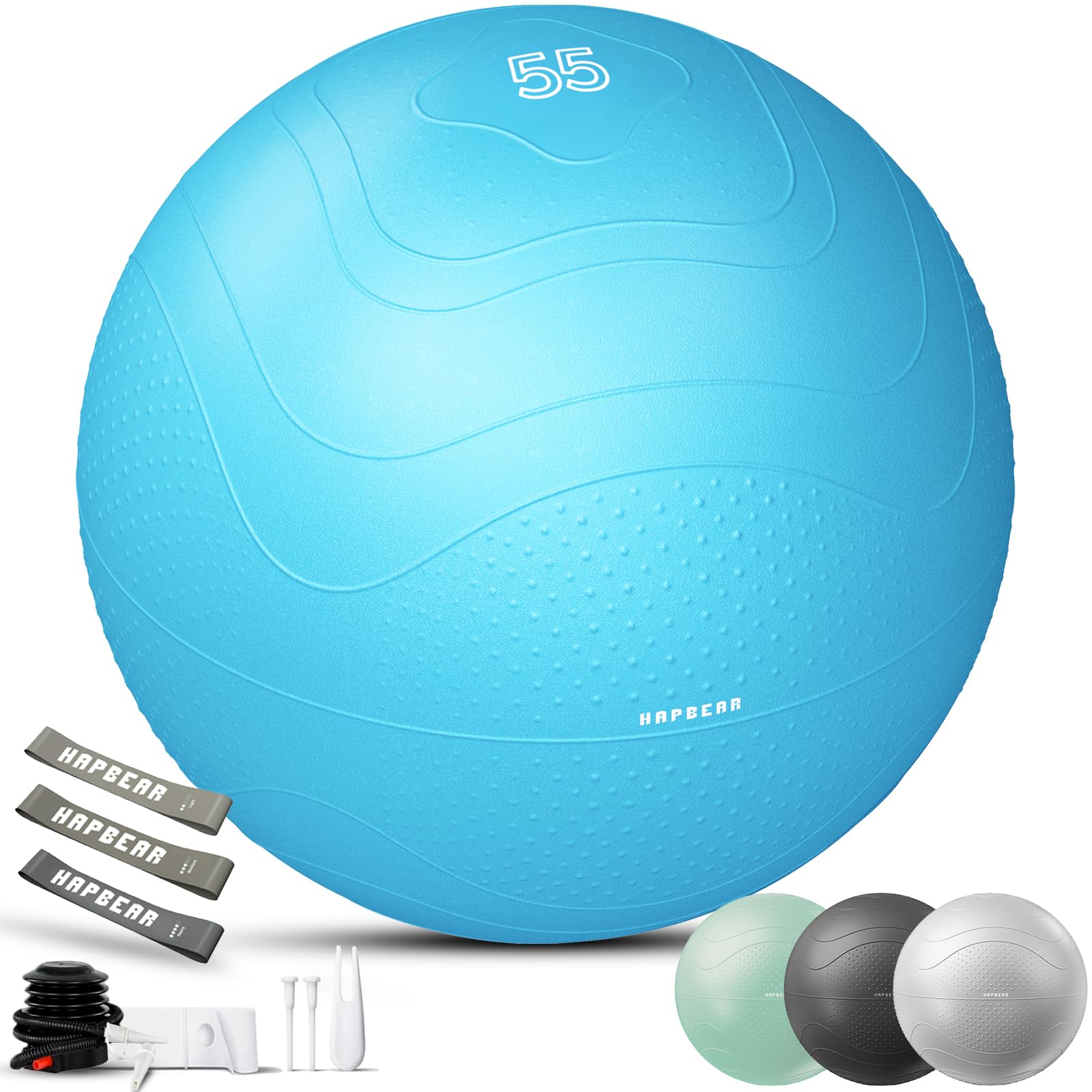 HAPBEAR Gymnastikball & Sitzball (55/65/75 cm) – Anti-Burst, rutschfest Mit Massage-Noppen, Extra Dickes PVC, Bis 200 Kg – Komplettset Mit Fußpumpe & 3 Widerstandsbändern für Fitness, Büro & Yoga