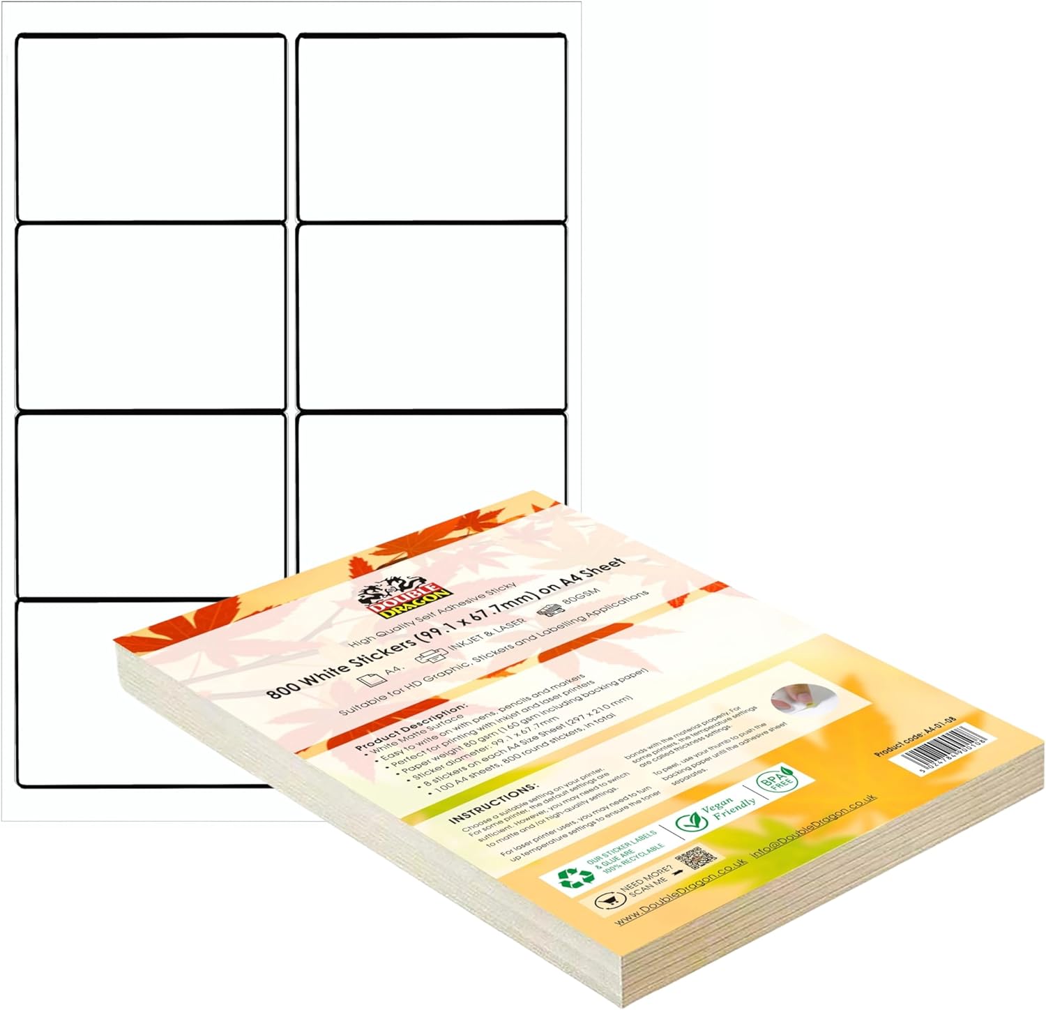 Double Dragon 100 Sheets Pack A4 Self Adhesive Address Labels, 8 Per Sheet, 800 Label, 99.1x 67.7mm, Easy Peel, Inkjet & Laser Printer Compatible – Address, Shipping, Mailing, File, DIY Stickers