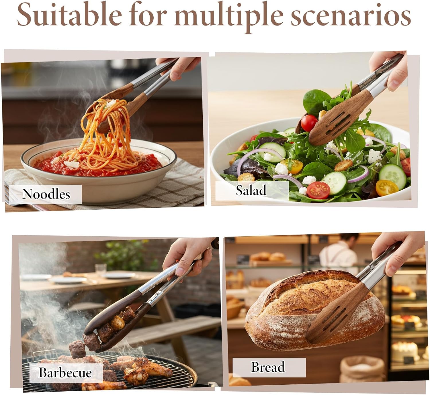 3 PcsTongs for Cooking with Wooden Tips, Stainless Steel Salad Tongs with Walnut Wood Tip, Nonstick Cooking Tongs and Salad Tong Wooden SaladTongs with Wood Tip (15inch 11.4inch)