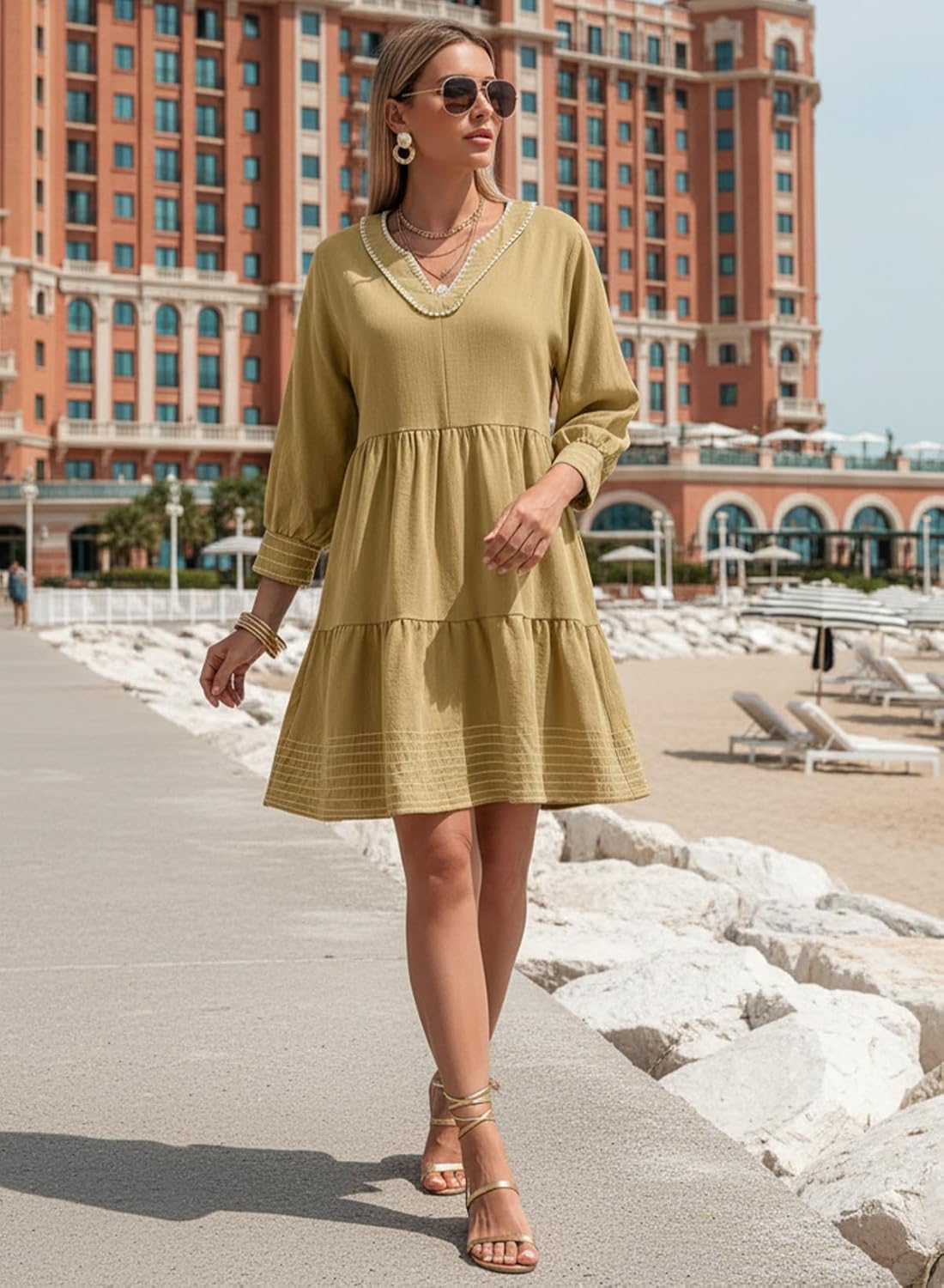 BLENCOT Summer Dresses for Women Casual V Neck 3/4 Puff Sleeve Boho A-line Tiered Babydoll Dress - Image 7