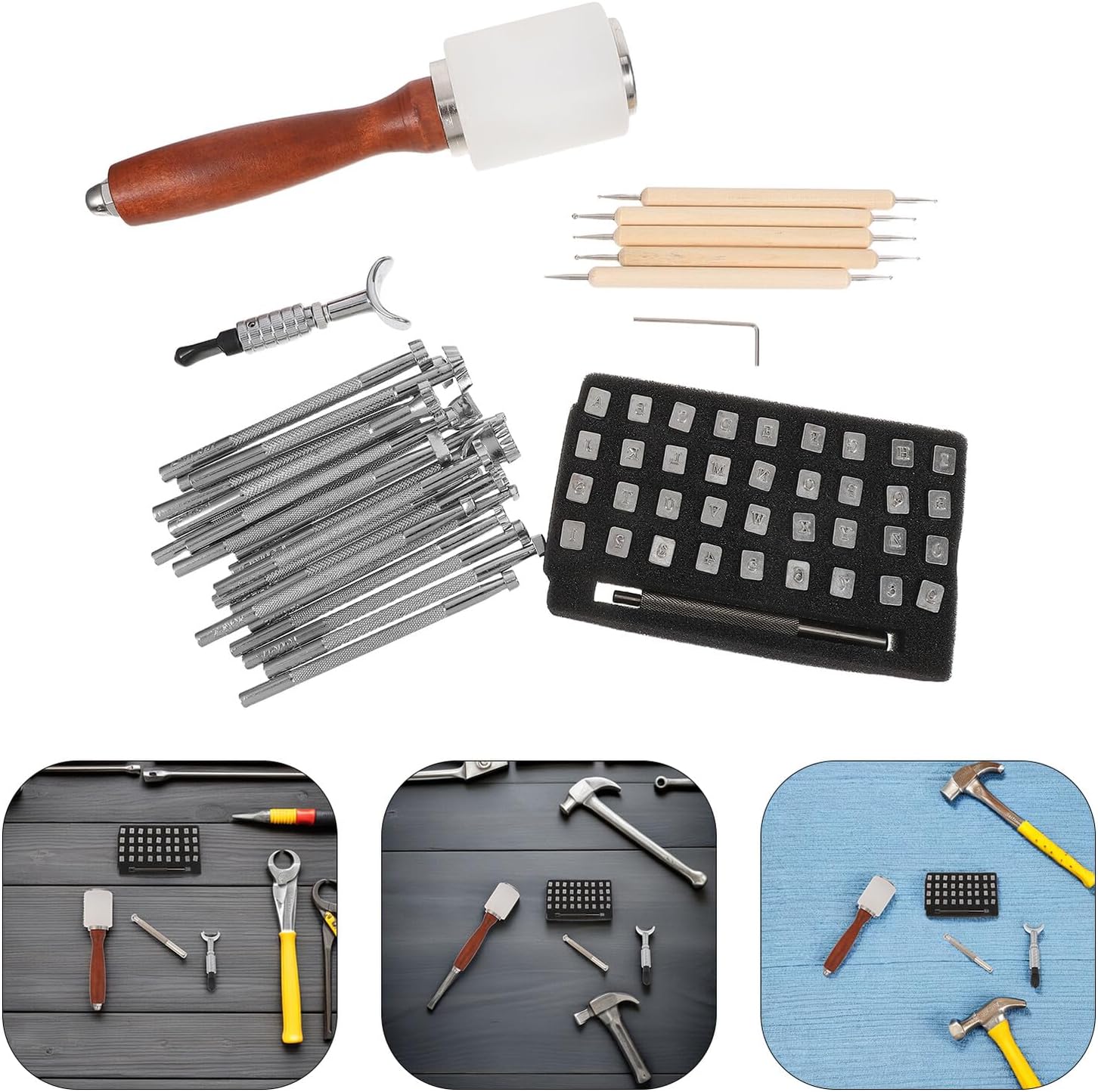 FOMIYES Leather Craft Stamps Number and Letter Punch Set with DIY Hammer, Professional Leather Stamping Tool for Crafting and Imprinting and Decorations