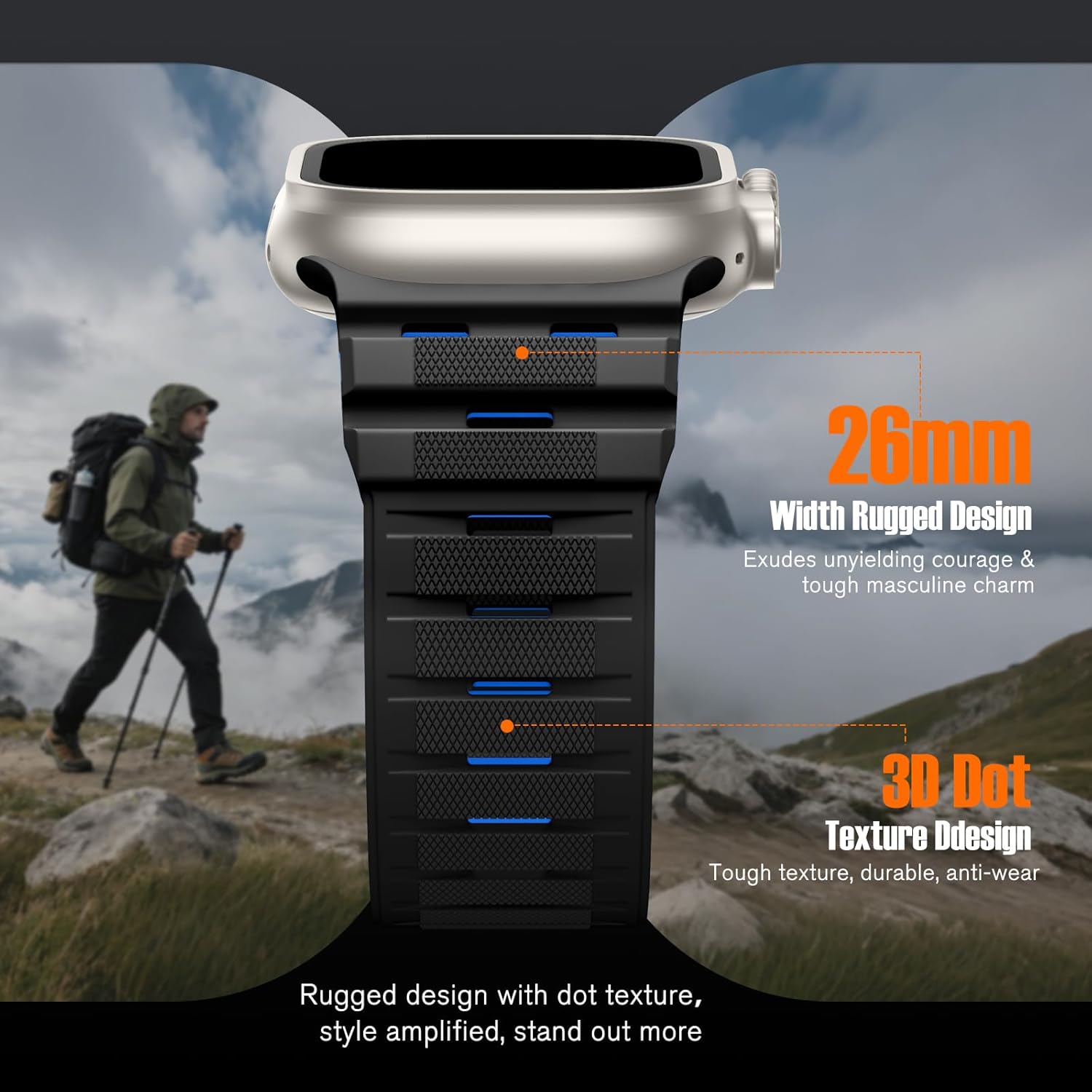 Odbeai Magnetic Band Compatible with Apple Watch Ultra 3 Band for Men 49mm 45mm 46mm 44mm 42mm, Rugged No-Slip Sweatproof Breathable Sport Strap for iWatch Series 11 10-1 Ultra SE 3 2 1, Black/Blue