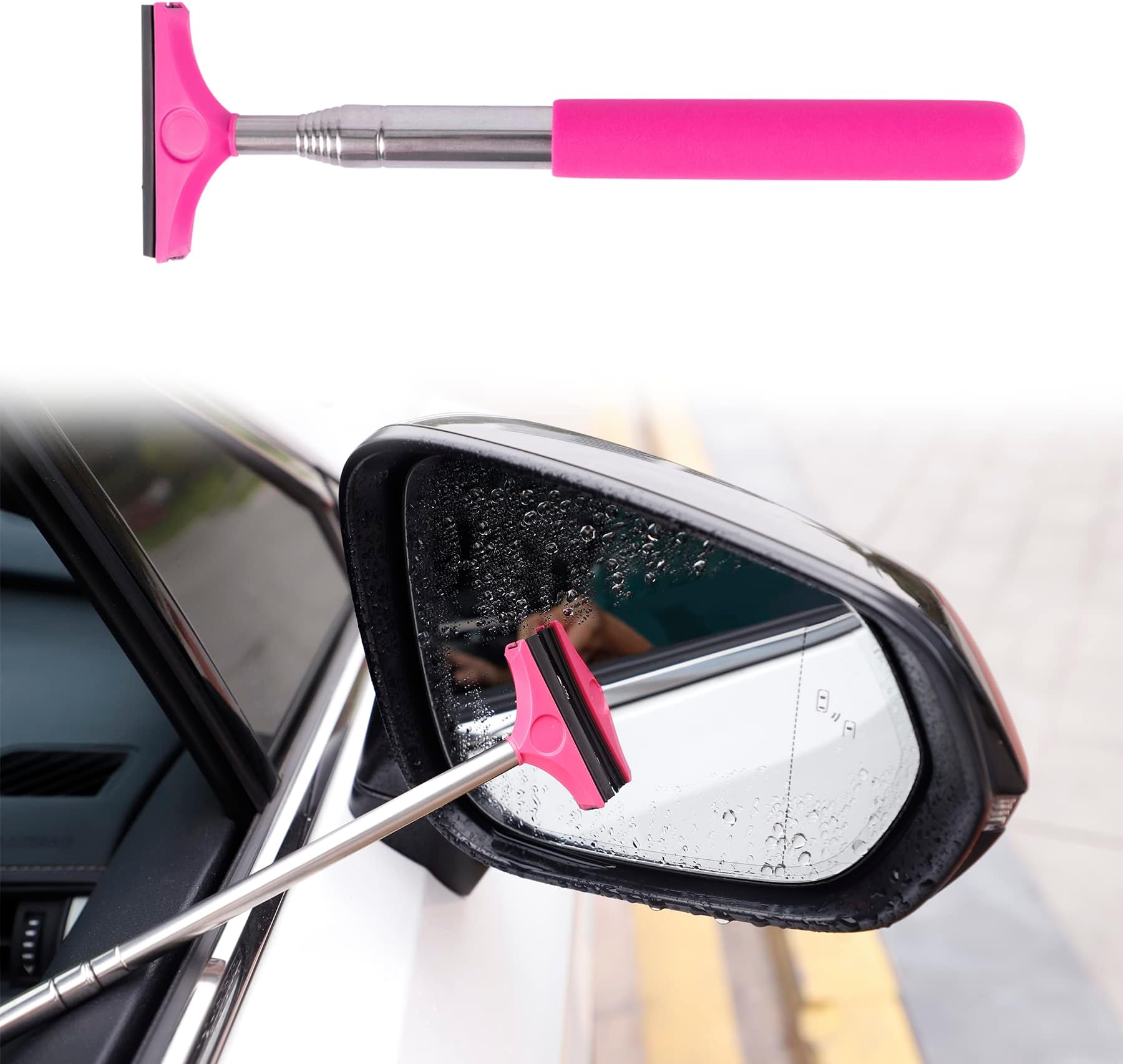 Car Rearview Mirror Wiper, Retractable Auto Mirror Squeegee, Extendable Car Mirror Cleaning Tool Portable Long Handle Car Window Squeegee (Pink)