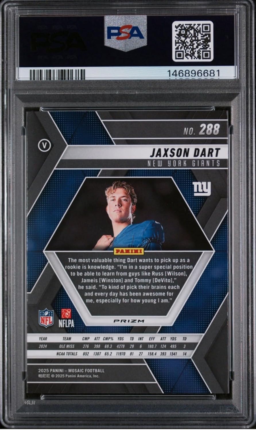 Graded 2025 Panini Mosaic Jaxson Dart #288 Mosaic Rookie RC Football Card PSA 10 Gem Mint