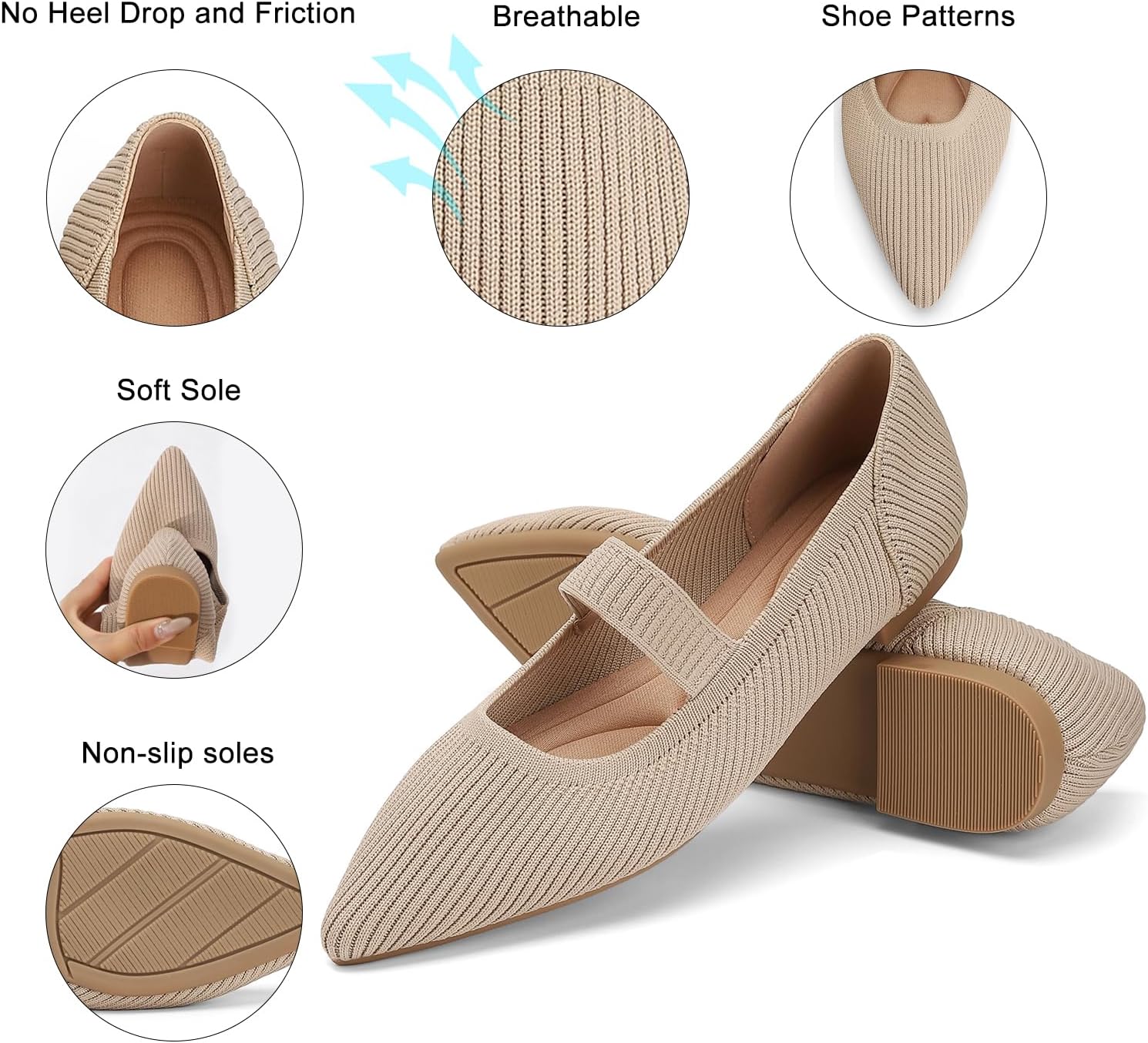 Flats for Women Pointed Toe Knit Foldable Ballet Women's Flat Shoes Dressy Comfortable Slip On Womens Shoe for Casual Office Work