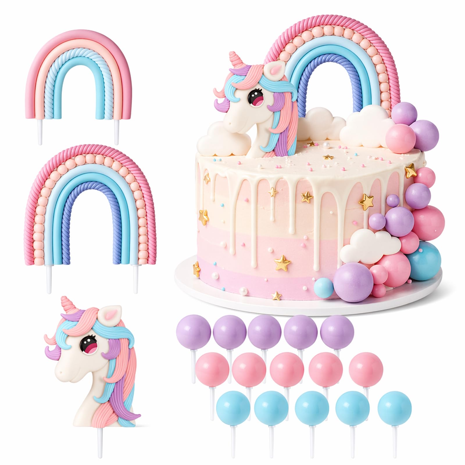 18-Piece Unicorn Horn Cake Decorations Set, Boy or Girl Cake Topper and Unicorn Cupcake Toppers, Reusable Cake Toppers For Birthday Party Baby Shower Theme Cake Decor Supplies