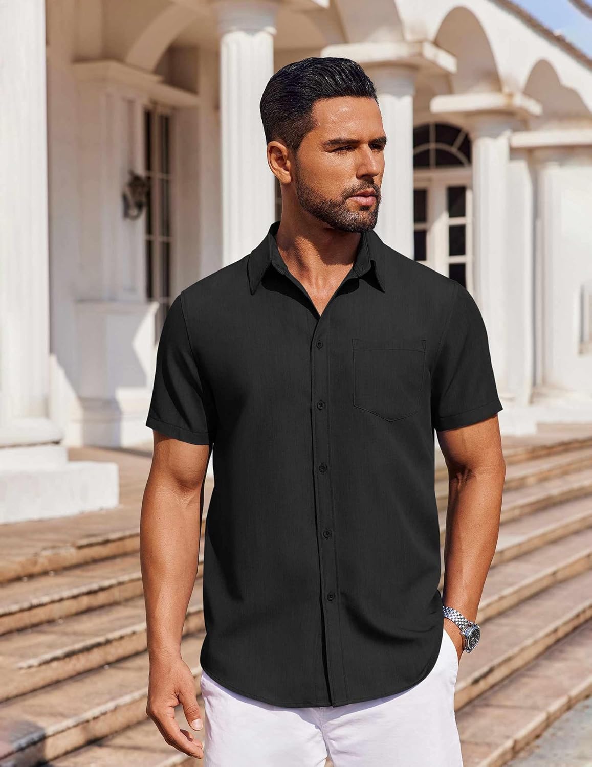 COOFANDY Men's Short Sleeve Button Down Shirt Casual Untucked Dress Shirt Stretch Denim Shirt - Image 3