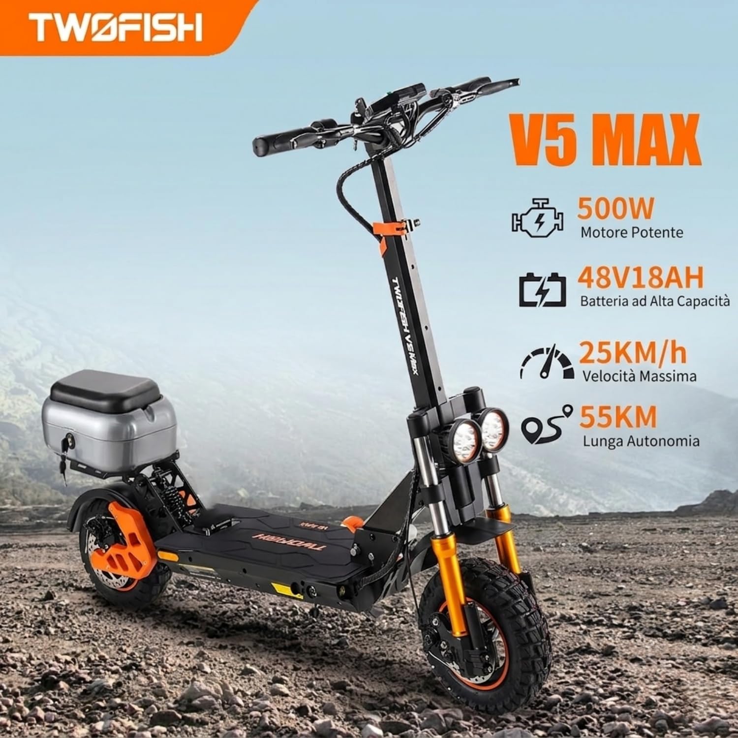 V5MAX Monopattino Elettrico Pieghevole, 48V 18Ah, 30-45Km di Autonomia | Limite Di Velocità Sbloccabile, Display Alta Definizione, Pneumatici 10", Sedile, Bauletto, Doppia Sospensione&Freno a Disco