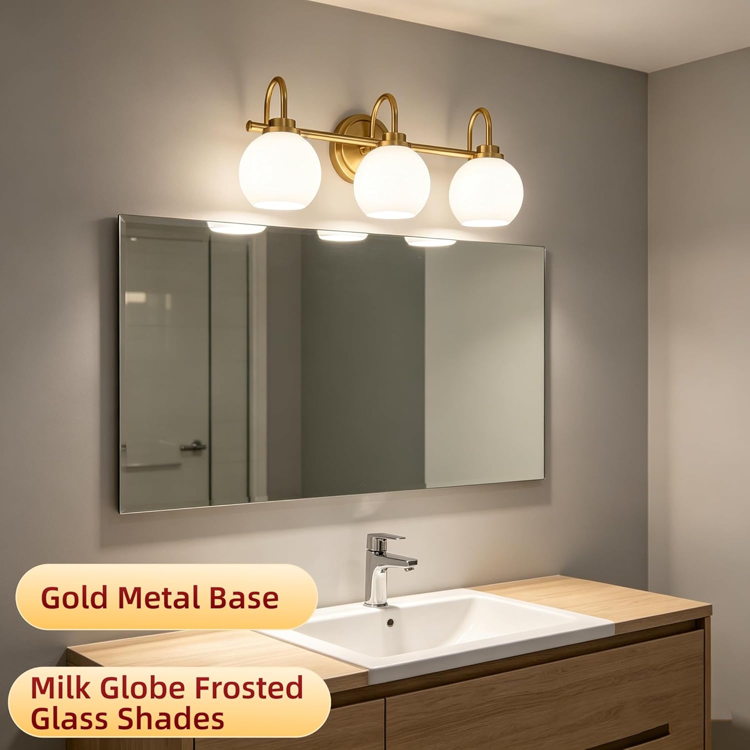 AKEZON Bathroom Light Fixtures 3-Light Brushed Gold Vanity Light, Modern Bathroom Wall Sconce with Milky White Frosted Glass Shade for Mirror Bedroom Hallway