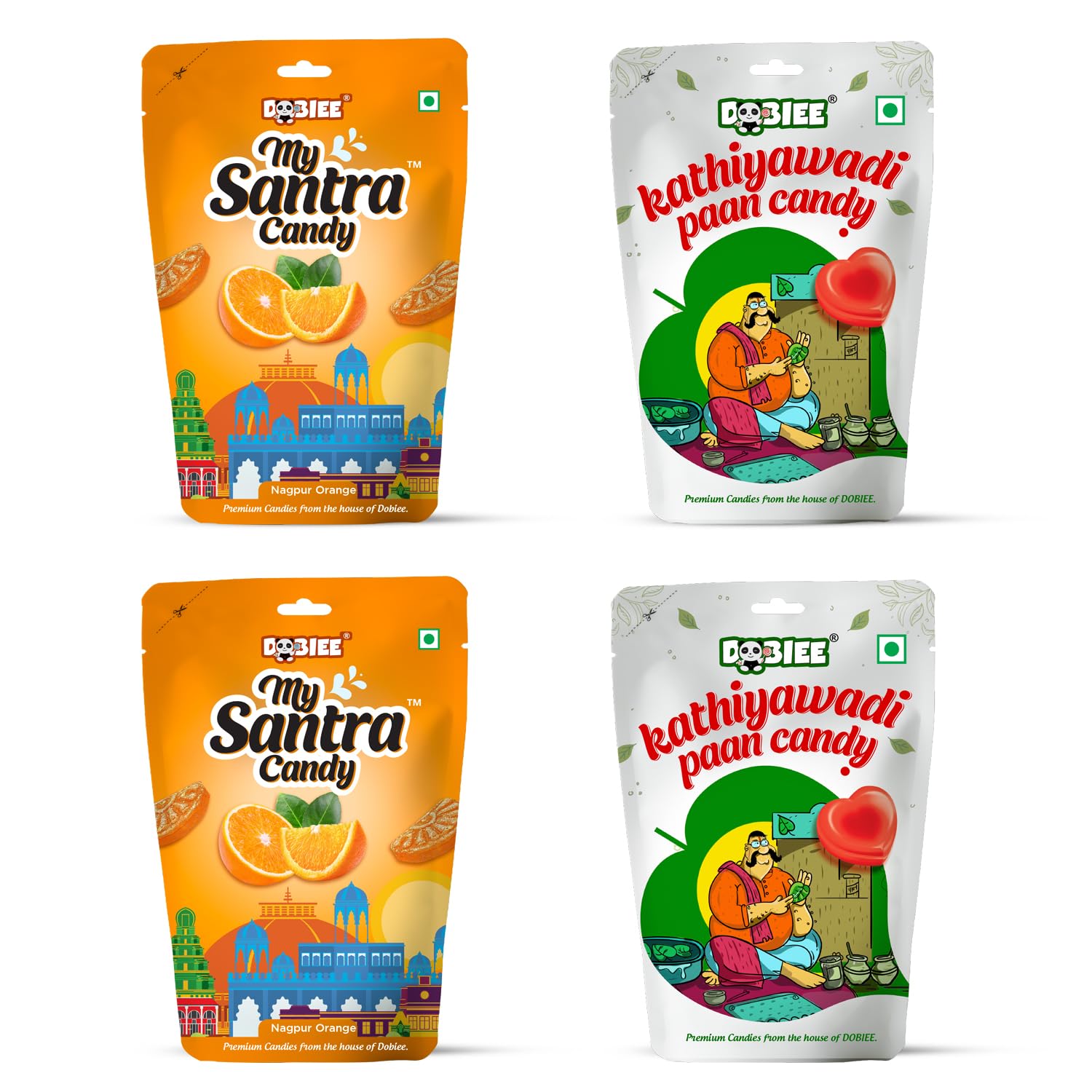 DOBIEE My Santra Candy & Kathiyawadi Paan Flavoured 200 Candies (Pack of 4) | Vitamin C | Orange Candies | Fruity & Inside juicy Centre Filled Candies | For Travel & Return Gifts To Family & Friends