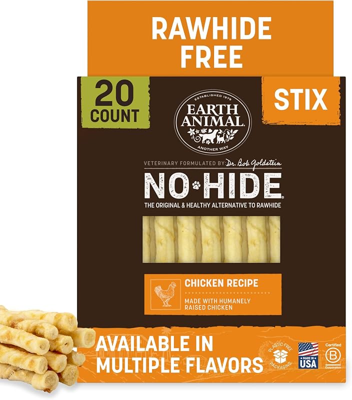Palitos mastigáveis para cães e gatos No-Hide Stix de frango Earth Animal, sem couro cru, 20 unidades