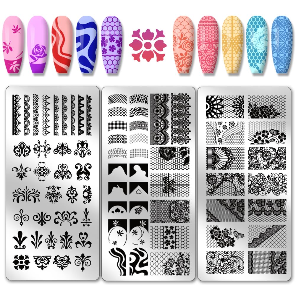PH PandaHall 3pcs French Lace Nail Stamp Plate Flower Lace Nail Art Template French Tip Nail Image Plate Lace Pattern Nails Art Stencils for Women DIY Printing 12x6cm