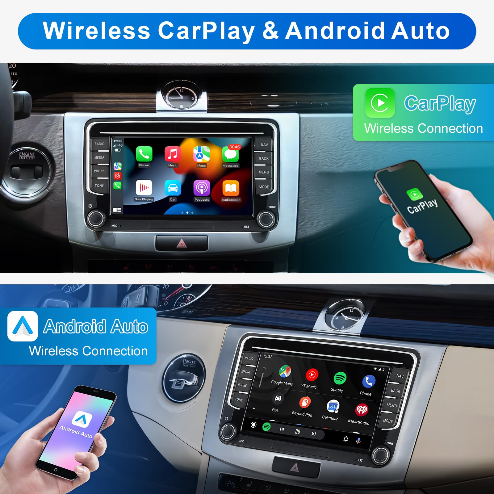 Android Autoradio mit Navi Bildschirm für VW Golf 5 6 Seat Passat, 8-Core 4GB+64GB Wireless Android Auto Carplay VW Radio, 7 Zoll VW Polo T5 Radio Bluetooth RDS FM GPS WiFi