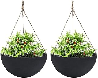 La Jolie Muse Large Hanging Planters for Outdoor Plants - 13.2 Inch Black Set of 2 with Drain Holes, Adjustable Ropes & Hooks