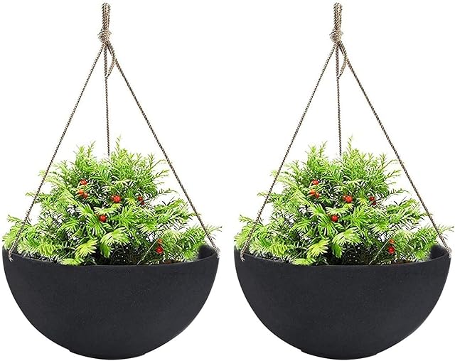 La Jolíe Muse Large Hanging Planters for Outdoor Indoor Plants, Black Hanging Flower Pots with Drain Holes (33.5 cm, Set of 2)
