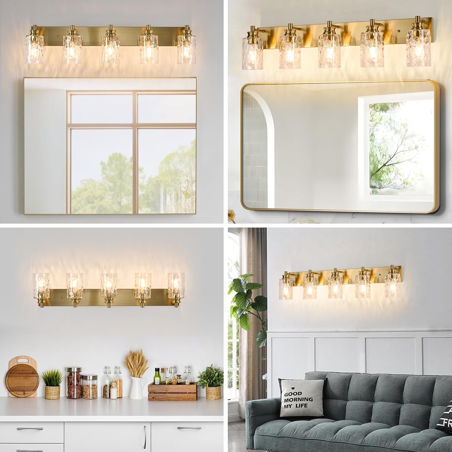6 Light Bathroom Vanity Light Modern Brushed Gold Bathroom Light Fixtures Over Mirror with Hammered Glass Lampshade for Kitchen Hallway
