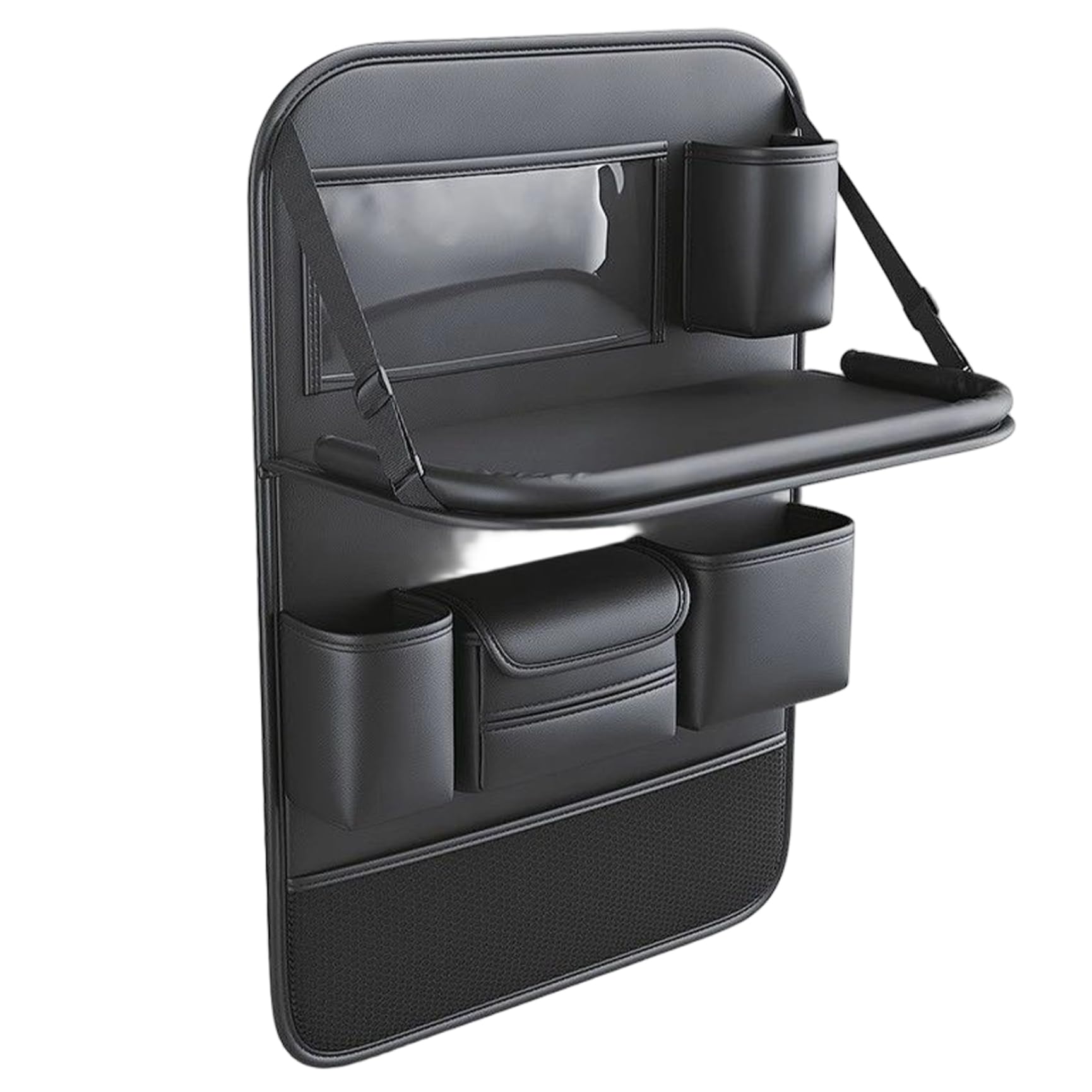 YQNISCU Backseat Organizer with Tray, Car Back Seat Organizer, Foldable Leather Tray and Multi-pocket, Waterproof Kick Protector for Tablets, Books, Snacks, Water Bottles -