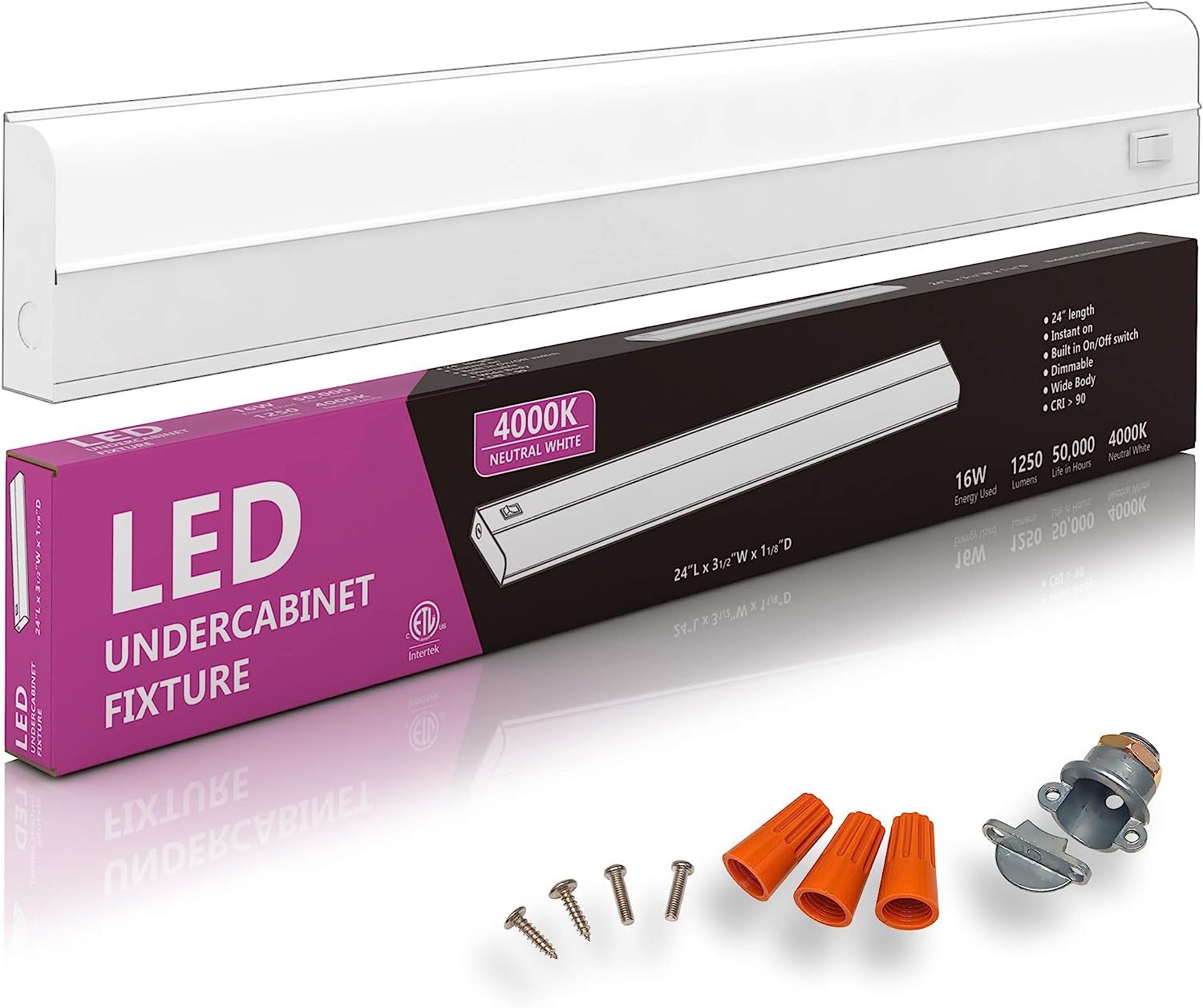Paquete de 6 luces LED cableadas para debajo del gabinete, 16 W, 61 cm, regulable, CRI>90, 4000 K (blanco frío), cuerpo ancho, base de metal de larga duración con lente de escarcha