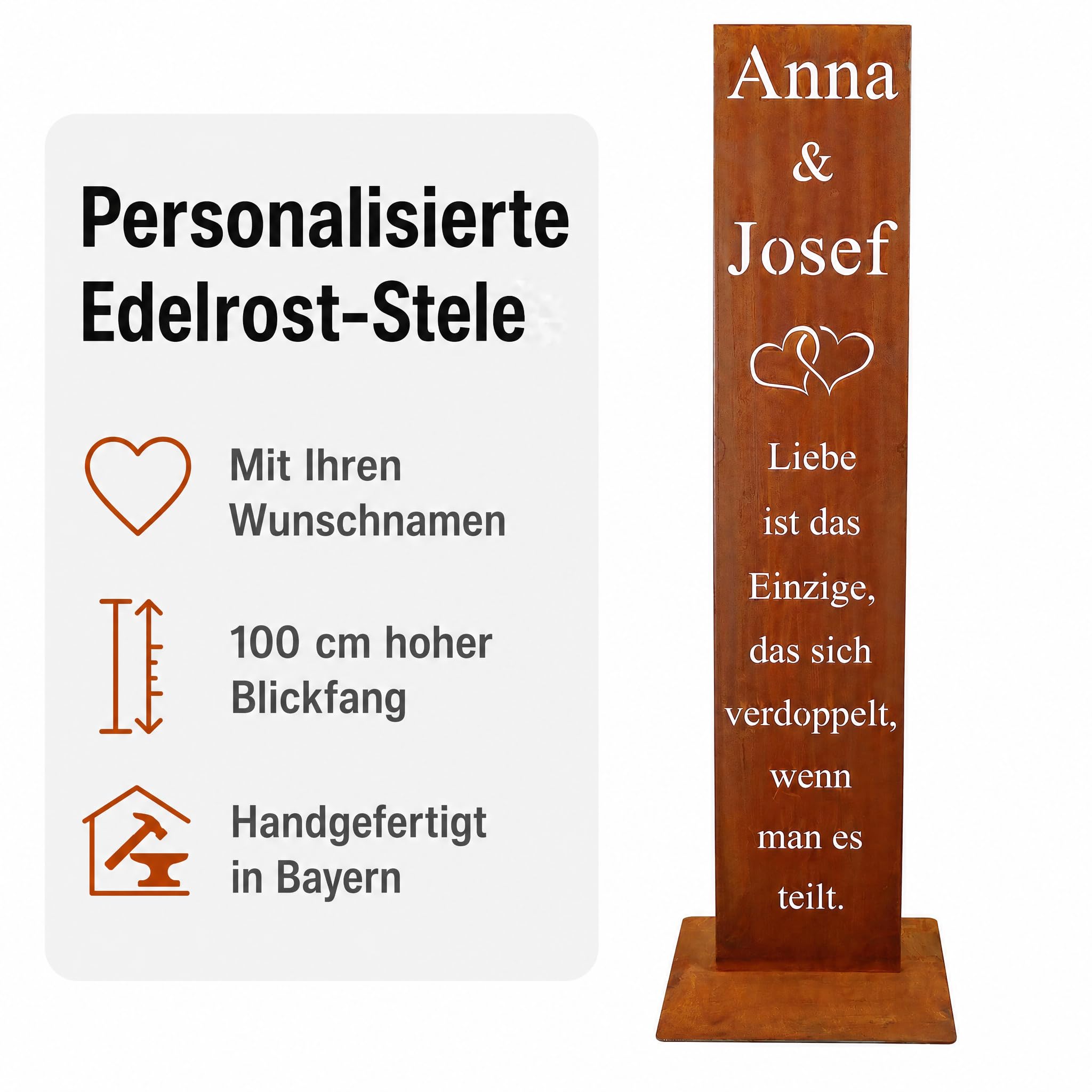 Rostikal Edelrost Spruchtafel 100 cm aus Cortenstahl – personalisierte Deko zur Hochzeit mit Namen & Herzmotiv – freistehendes Schild, handgefertigt in Bayern, Hochzeitsgeschenk