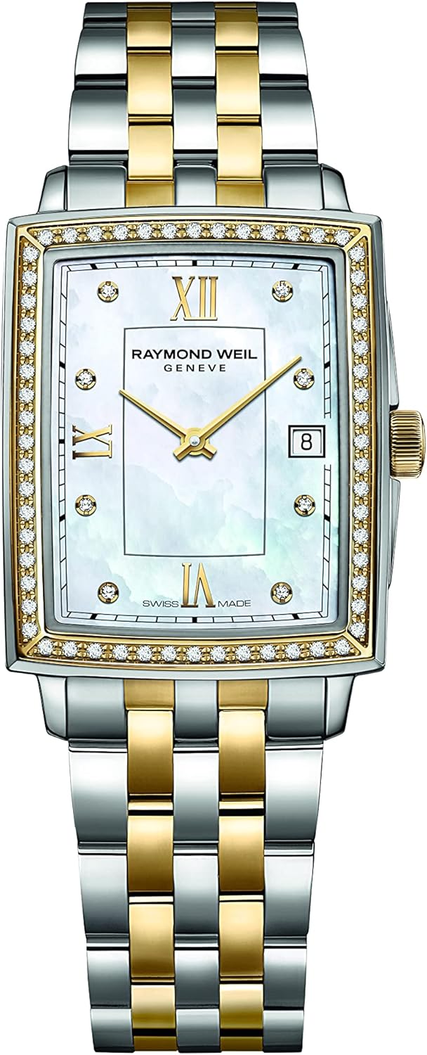 Пеш view of the RAYMOND WEIL Women's Toccata Quartz Watch with a white mother-of-pearl dial, Roman numerals, and diamond indexes, set in a rectangular case with a two-tone bracelet.