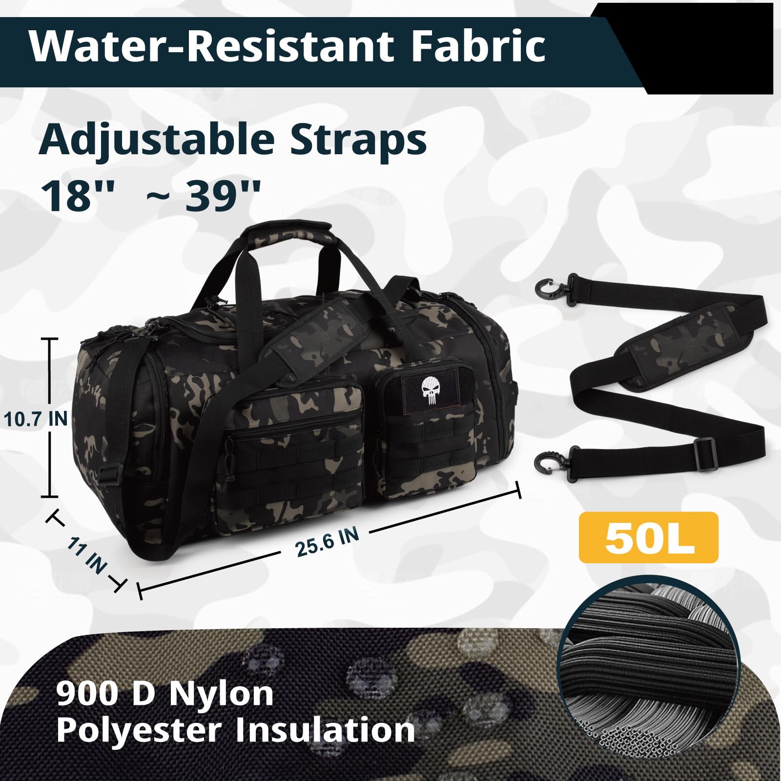 Taktische Sporttasche 50L 3-in-1 Reisetasche mit Schuhfach Wasserabweisender Reiserucksack Weekender Übernachtungstasche