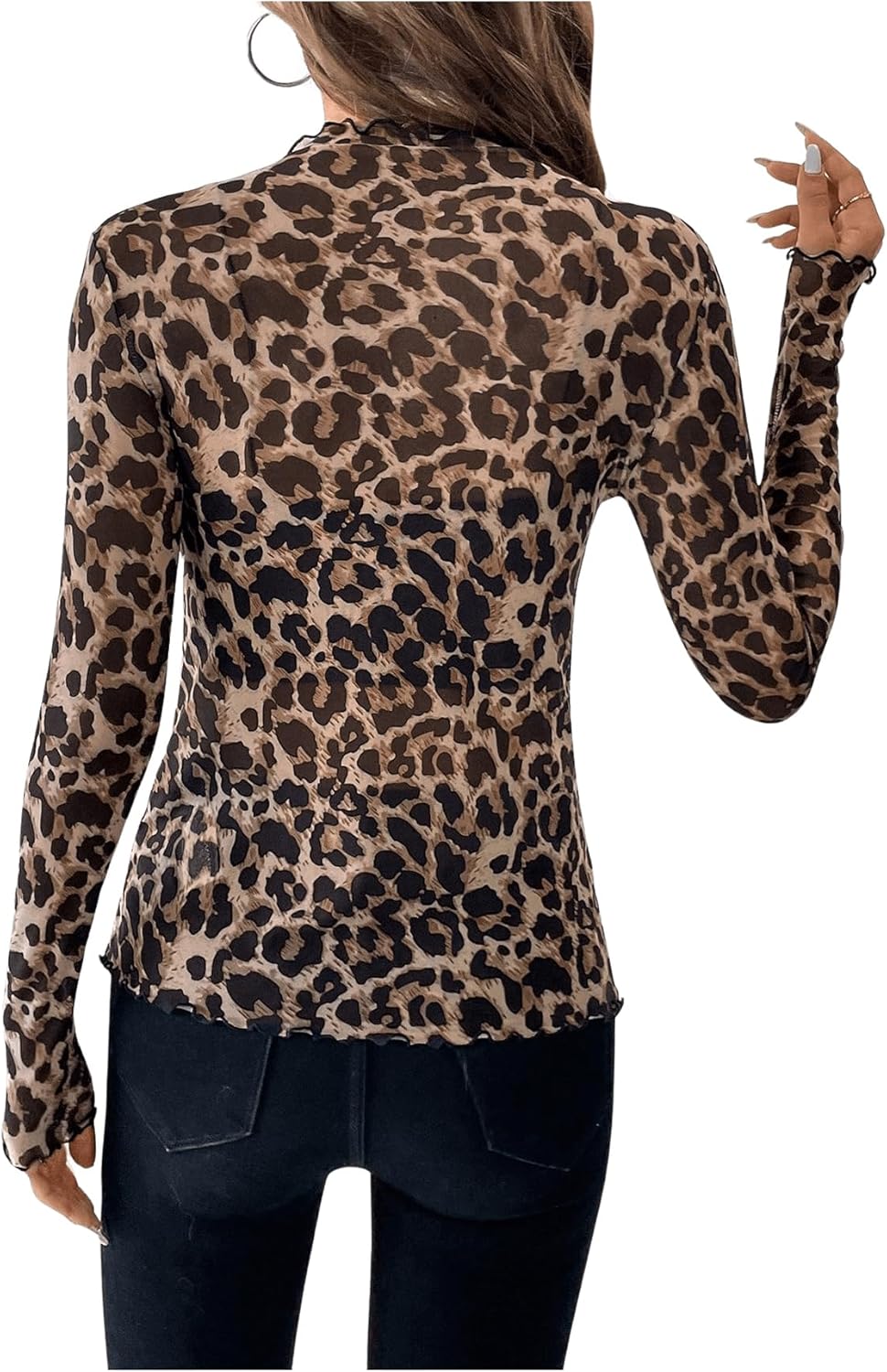 SOLY HUX Women's Leopard Print Tops Mock Neck Long Sleeve Going Out Tops Y2K Fitted Shirt Mesh Cheetah Print Top - Image 2