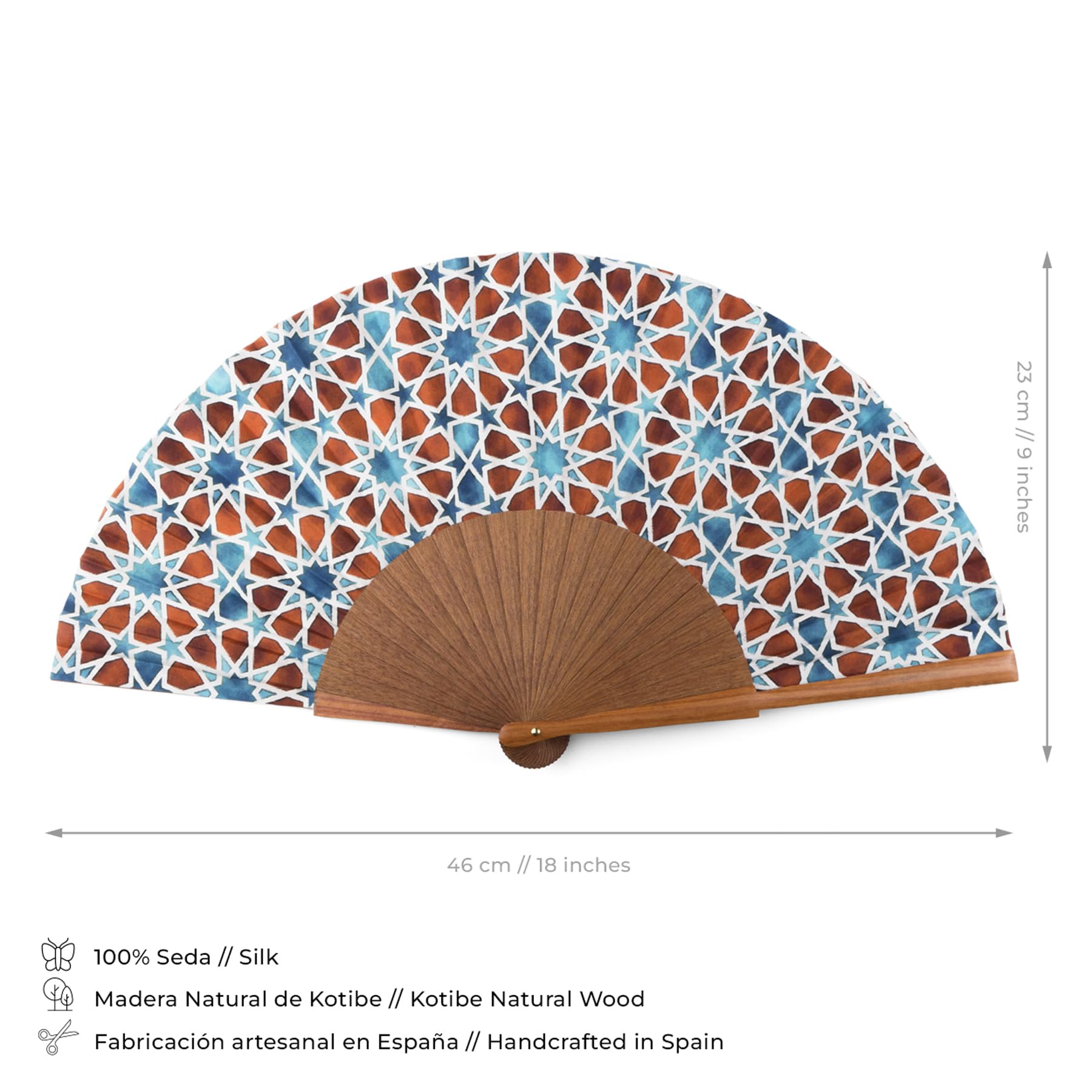 Hamzah Abanico Español de Seda y Madera – Plegable 23 cm Hecho a Mano en España, Incluye Caja y Funda de Terciopelo (Fátima Marrón)