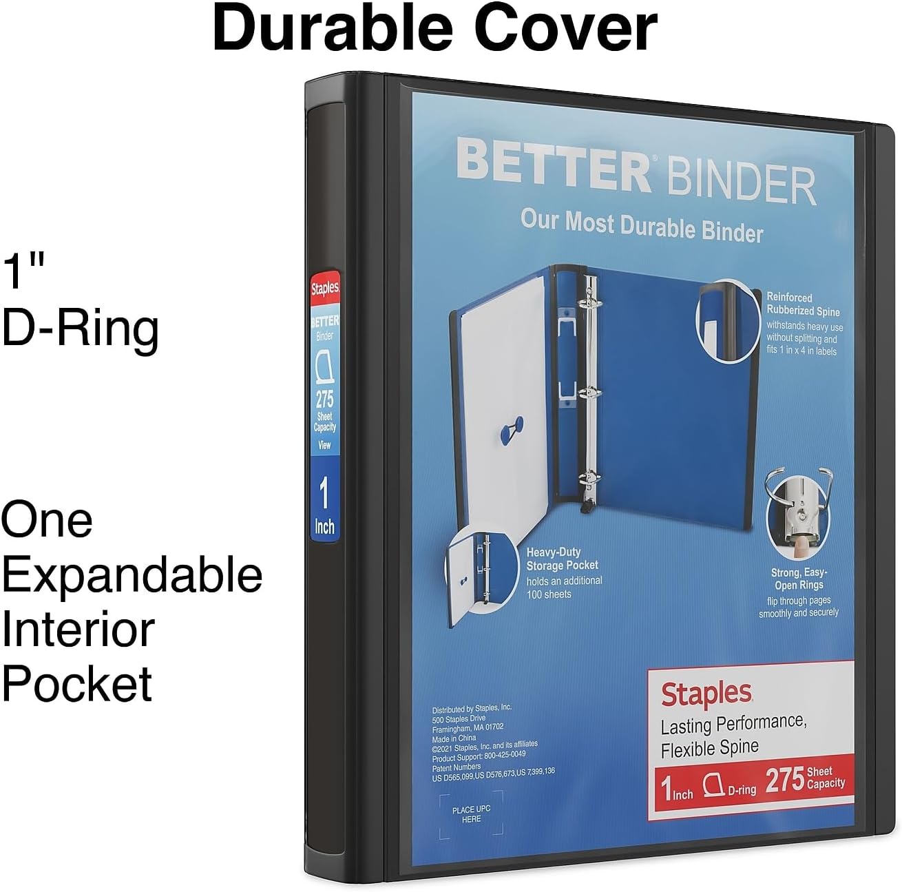 Staples Better Binder, 1" Heavy‑Duty D‑Ring Binder, Black, Reinforced Spine, Holds 275 Sheets, Reliable 3‑Ring Binder for School, Office, Projects, 3‑Pack