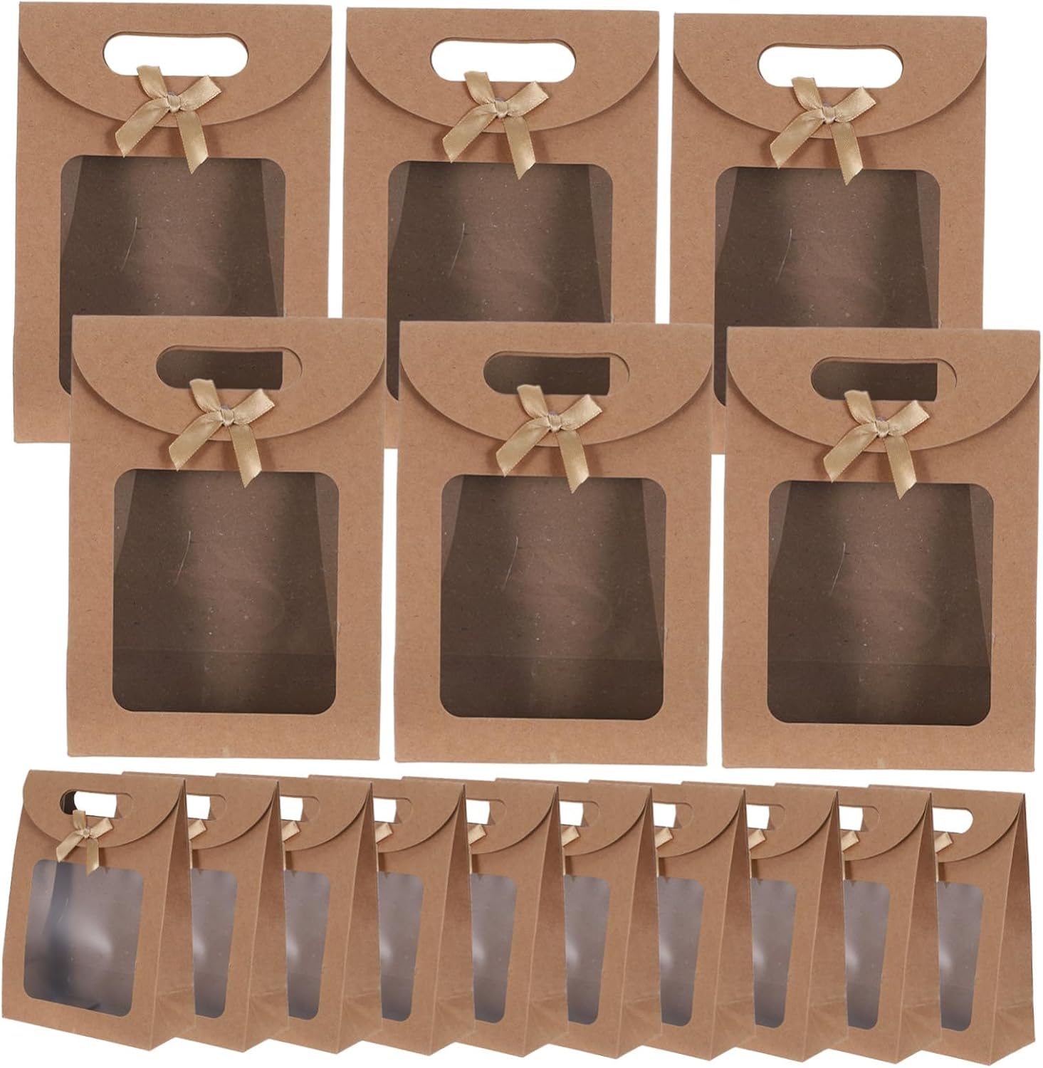 KALLORY 20pcs Kraft Paper Treat Bags with Window and Handle, Stand up Small Gift Packaging Bags with Bow Ribbon Detail, Easy Open and Versatile for Party Favors and Festive Giftgiving