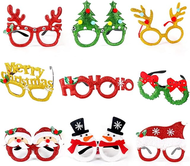 Christmas Party Eyeglasses,9PCS Christmas Theme Novelty Glasses Glitter Xmas Eyeglasses Christmas Tree Antler Snowman Santa New Year Shiny Eyewear for Xmas Party Costume Decor Kids Birthday