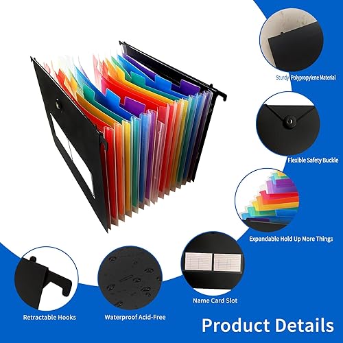 Miniatura 3 de Yunlism Paquete de 4 carpetas colgantes de plástico, gran capacidad, innovador organizador de archivos de acordeón con gancho retráctil, pestañas
