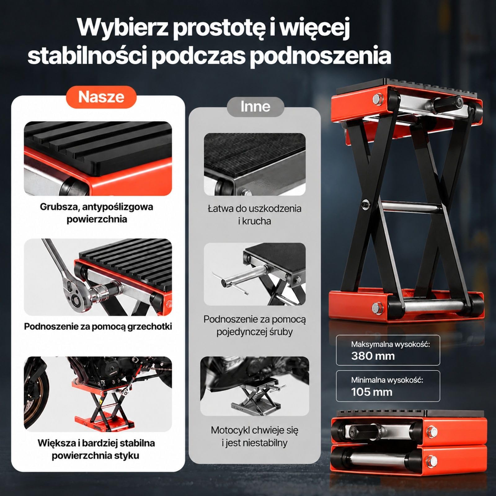 Stalowy podnośnik nożycowy do motocykli z szeroką platformą, kluczem grzechotkowym i korbą do motocykli terenowych