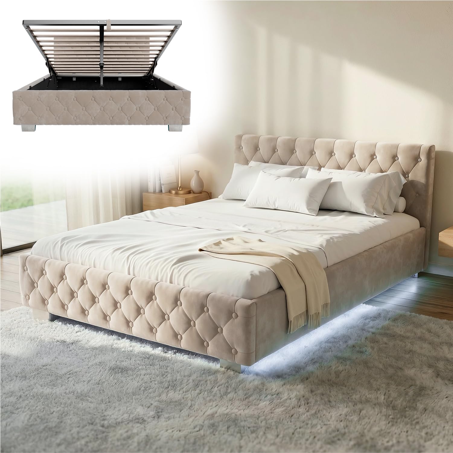 Juskys Polsterbett Nizza 140x200 cm – Samt mit Stauraum, LED-Beleuchtung und Chesterfield-Kopfteil, Beige