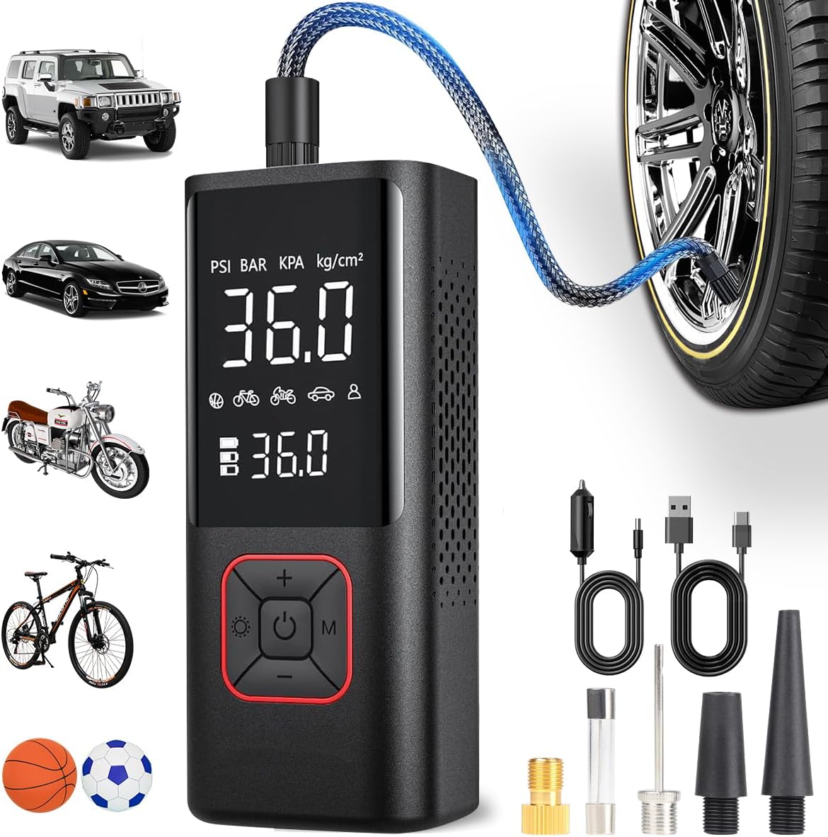 Cordless Tire Inflators-150Psi & 6000Mah, Portable Air Compressor With LCD Display & LED Light, Car Tire Air Pump, Portable Air Pump For Balls/Bike/Motorcycle/Car, Rechargeable