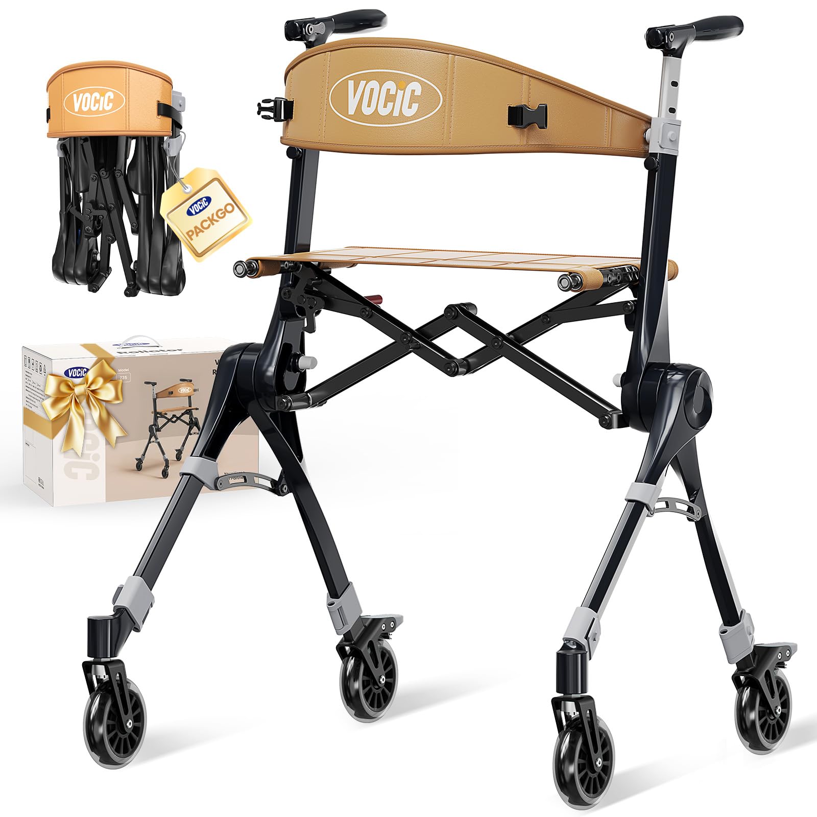 VOCIC Z35 PackGo Andador plegable y ligero con asiento，5,7 kg | andador para ancianos con ruedas,Walker plegable hasta tamaño mochila, MAX 136kg,5 años de soporte,negro (mochila incluida)