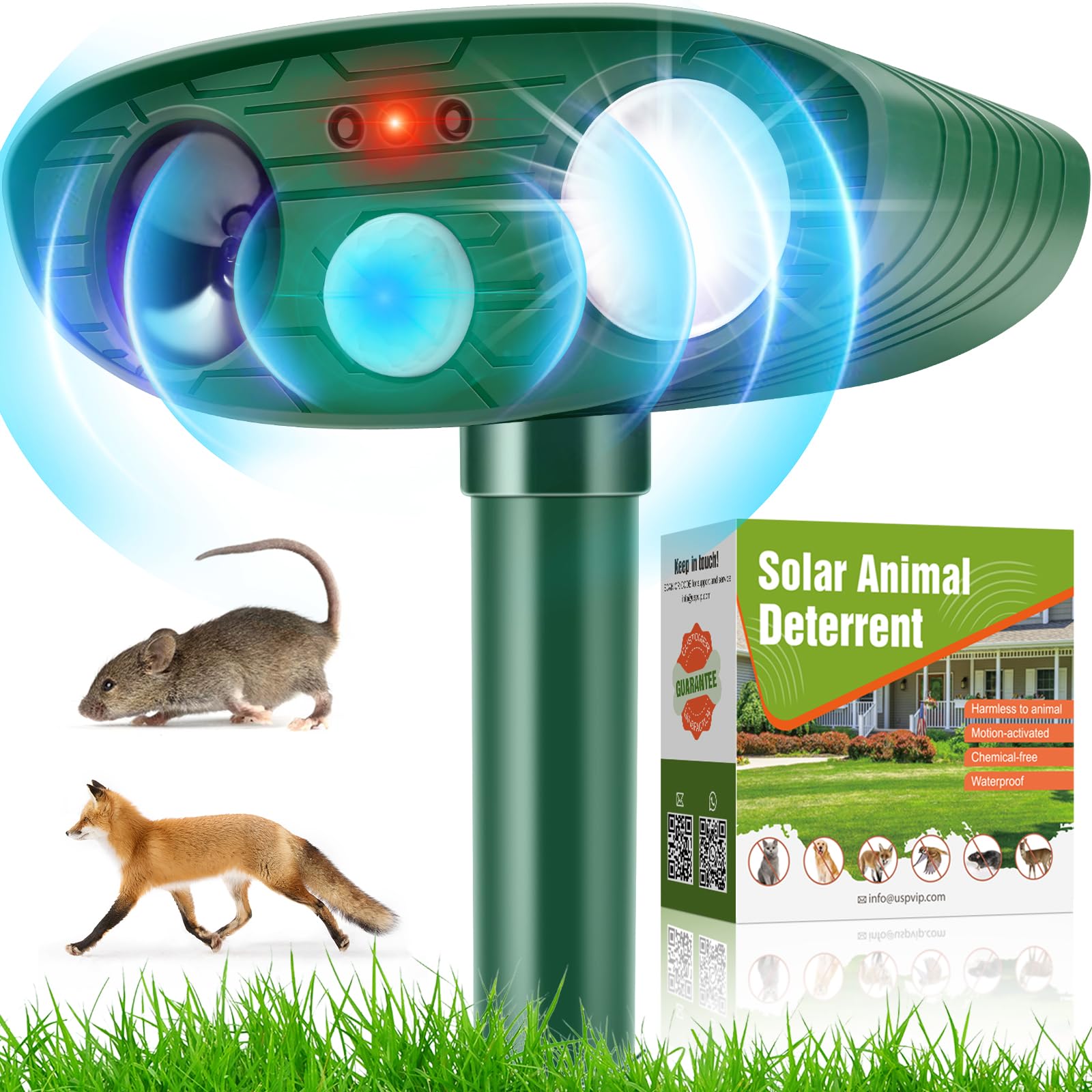 CharmYard Ultrasonic Cat Repellent for Garden Solar Fox for Gardens, Waterproof Scarer with PIR Motion Sensor LED Flash