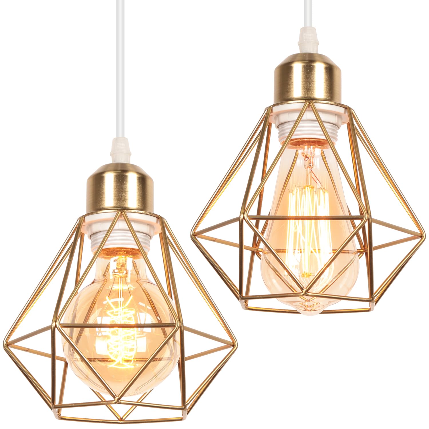 iDEGU Set of 2 Vintage Ceiling Pendant Light Fitting, 16cm Geometric Cage E27 Industrial Hanging Light Fixture Metal Chandelier Lamp Shade for Bedroom Living Room Dining Room (Gold, 1-Light)