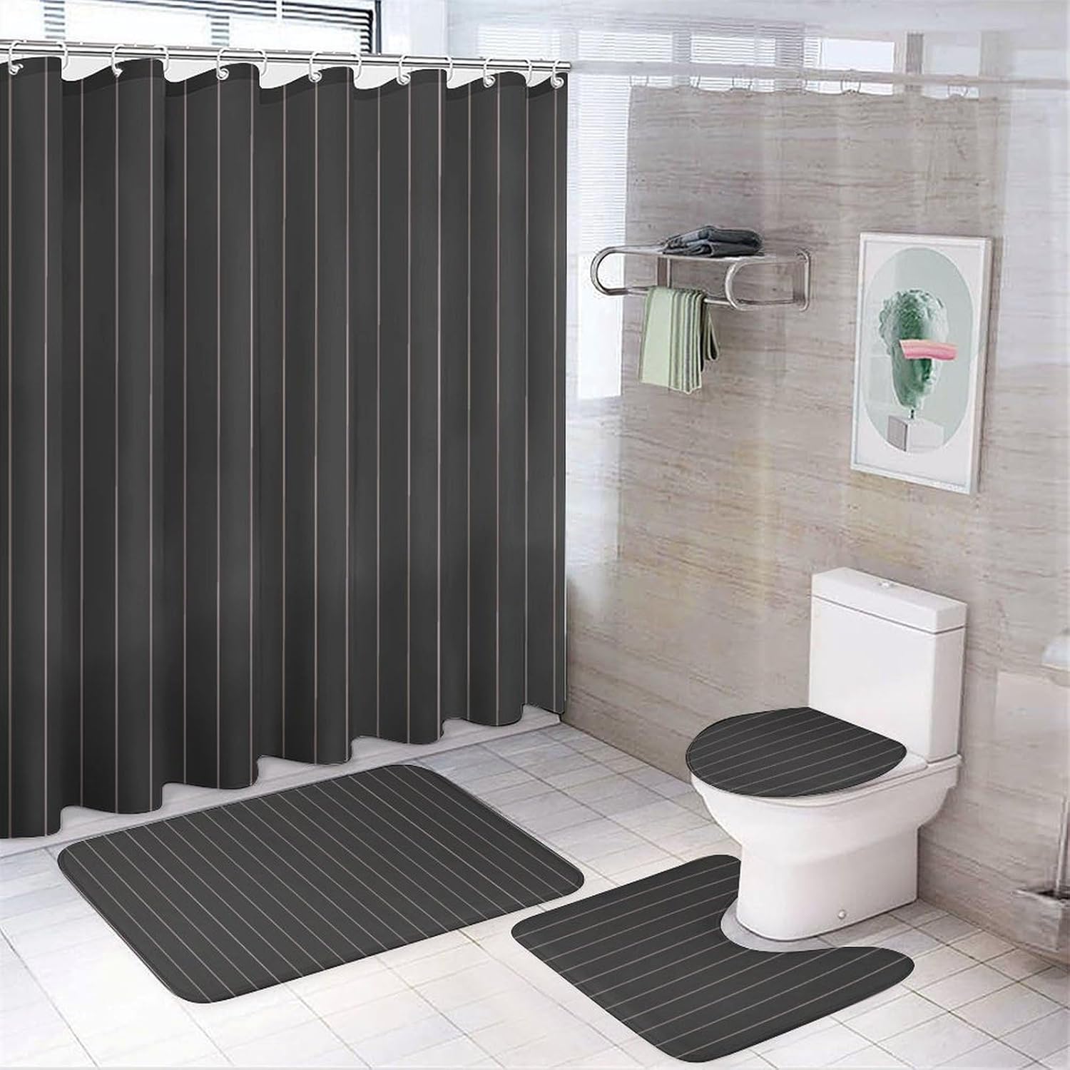4 Pieces Shower Curtain Sets, Black with Pink Stripes Bathroom Sets with Shower Curtain & Rugs, Bathroom Decor Rug Toilet Lid Cover & Non-Slip U Shape Mat