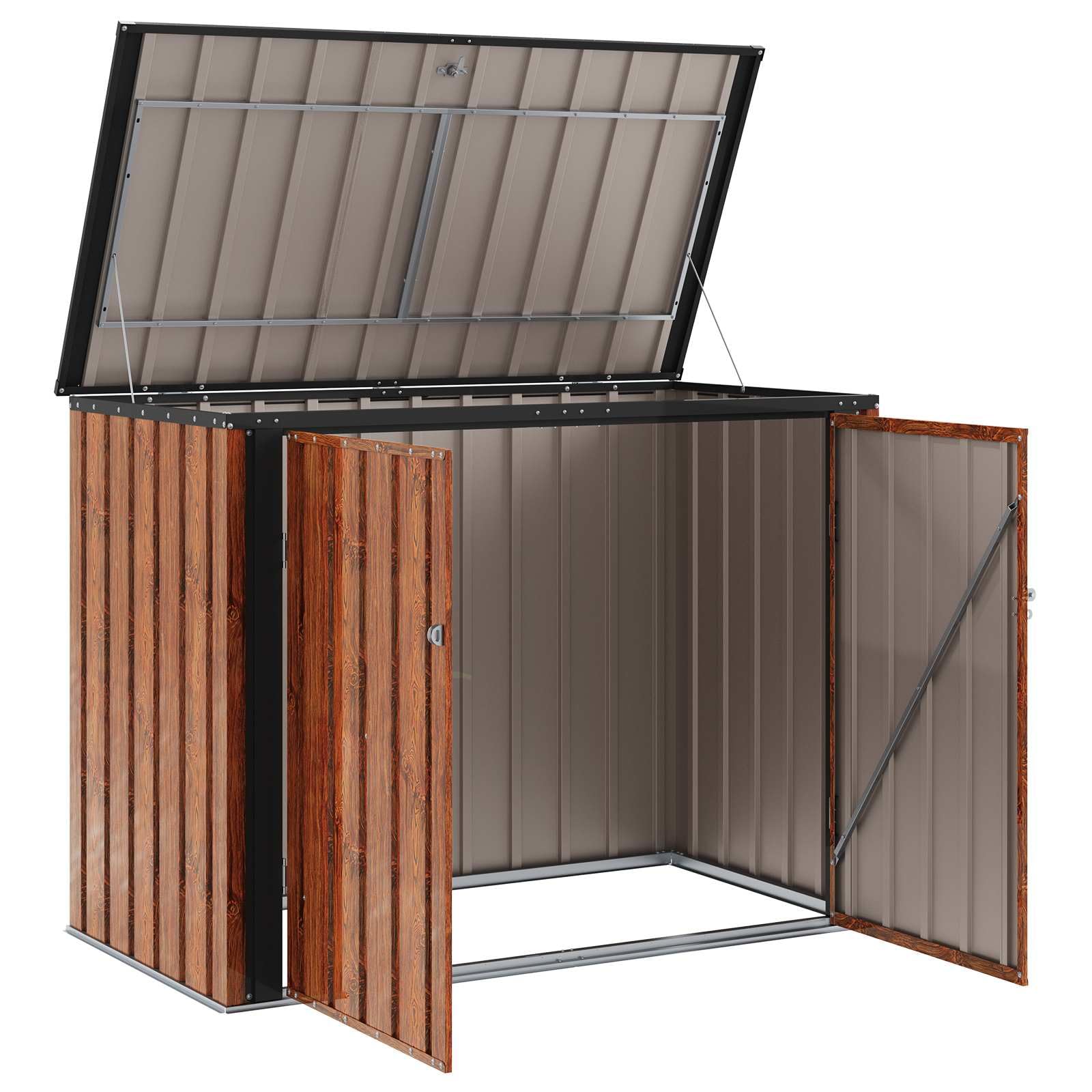 Caja de almacenamiento de jardín marrón de acero, 151,5 x 82 x 110,5 cm, con mucho espacio de almacenamiento, resistente a la intemperie, para herramientas de jardín y protección al aire libre, ideal